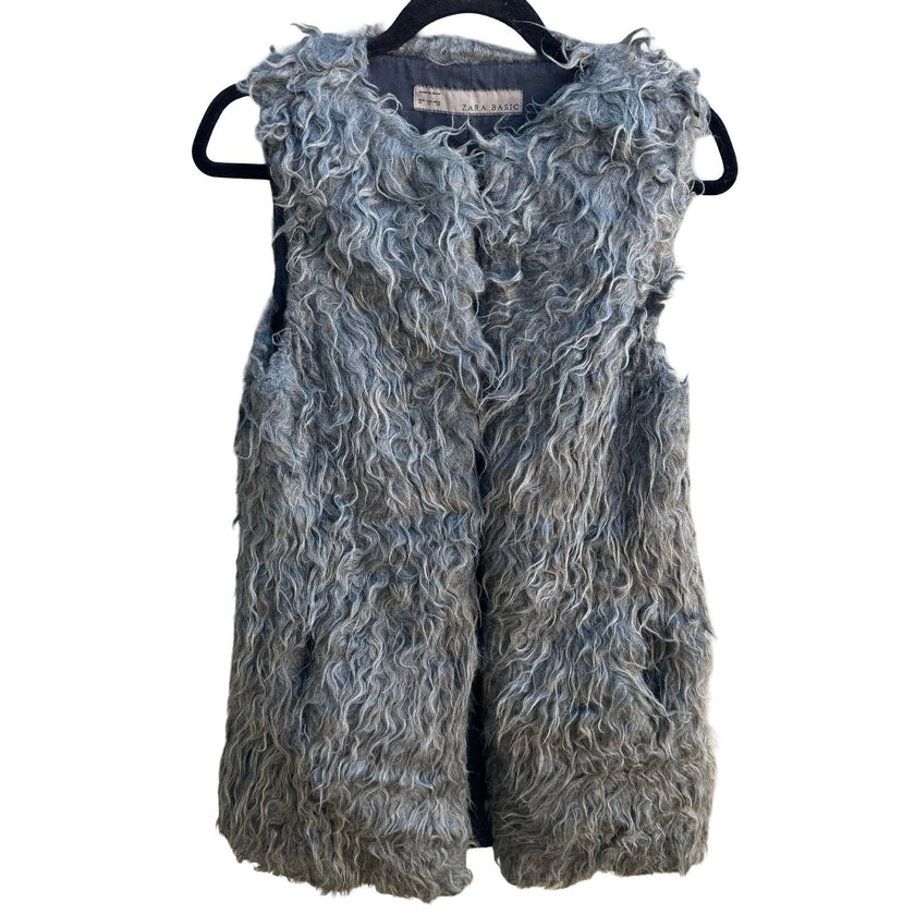 Zara Boho Mongolian Style Whimsigoth Glam Layering Shaggy Faux Fur Vest Gray M
