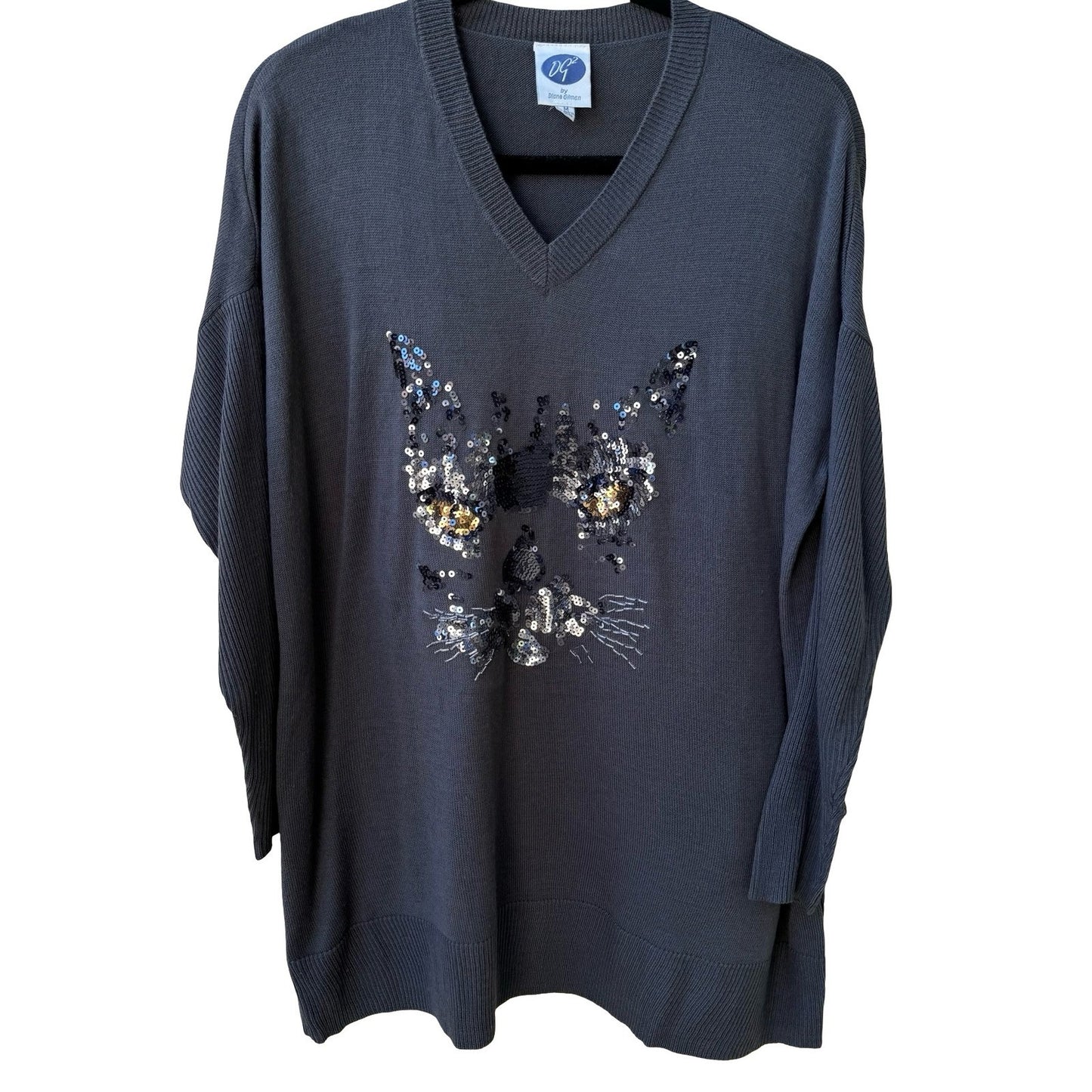 Diane Gilman Cat Lover Sequin Feline Sparkly Glam Oversized Tunic Sweater Grey M