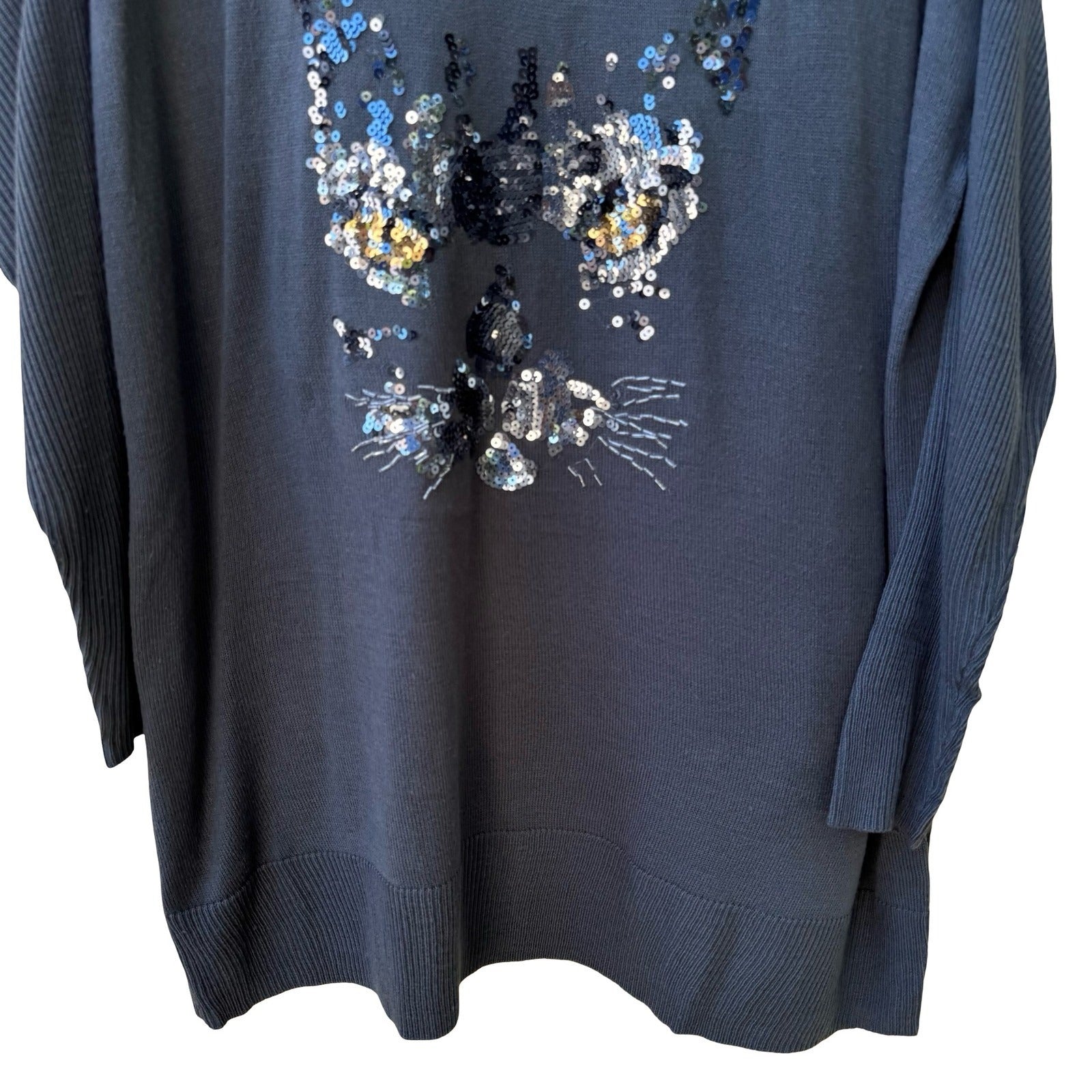 Diane Gilman Cat Lover Sequin Feline Sparkly Glam Oversized Tunic Sweater Grey M
