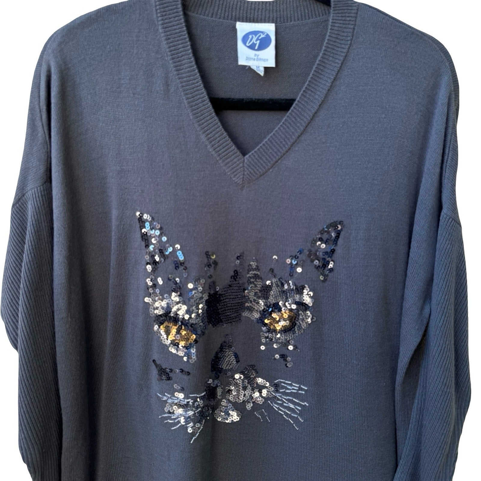 Diane Gilman Cat Lover Sequin Feline Sparkly Glam Oversized Tunic Sweater Grey M