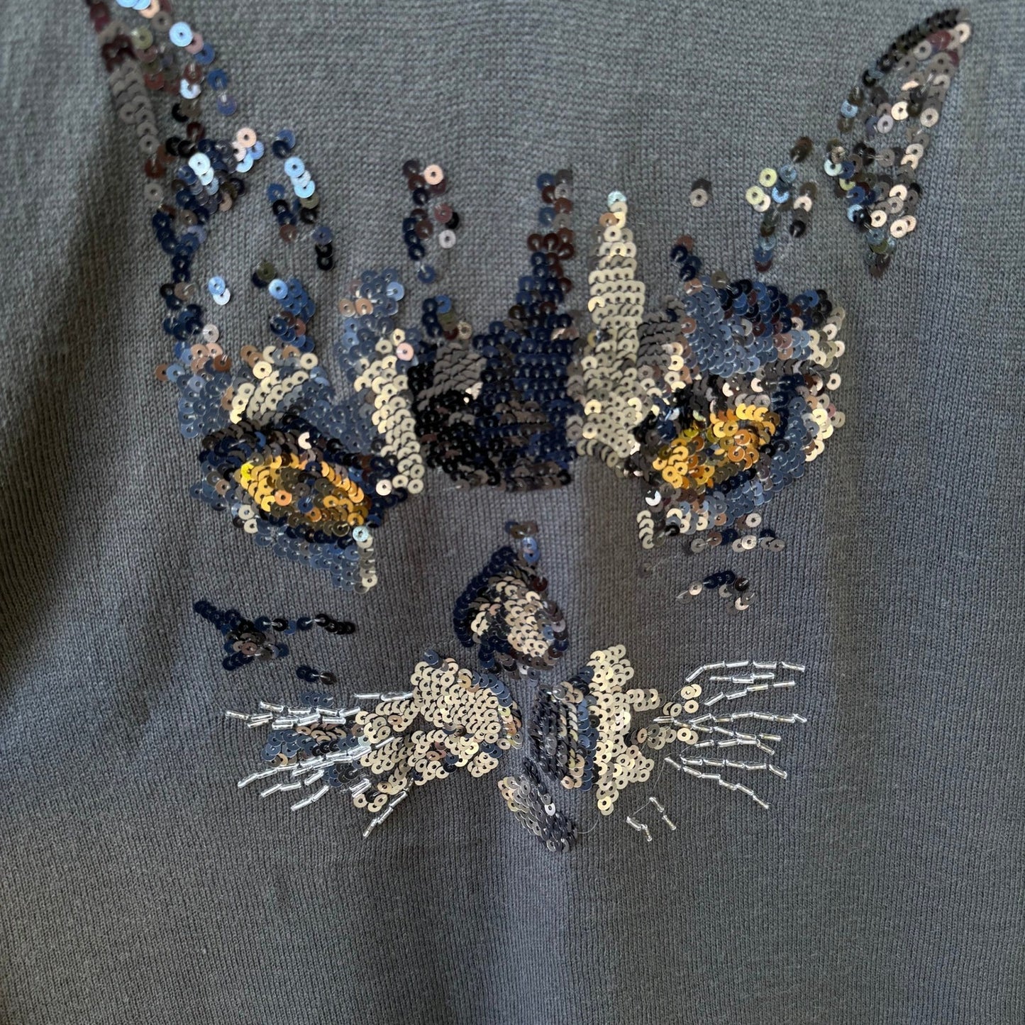 Diane Gilman Cat Lover Sequin Feline Sparkly Glam Oversized Tunic Sweater Grey M