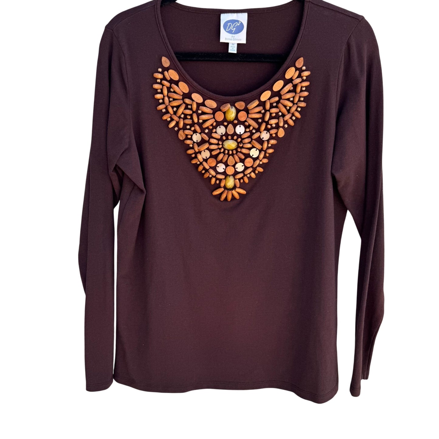 DG2 Diane Gilman Brown Long Sleeve Wooden Bead Embellishment Scoop Neck Top M