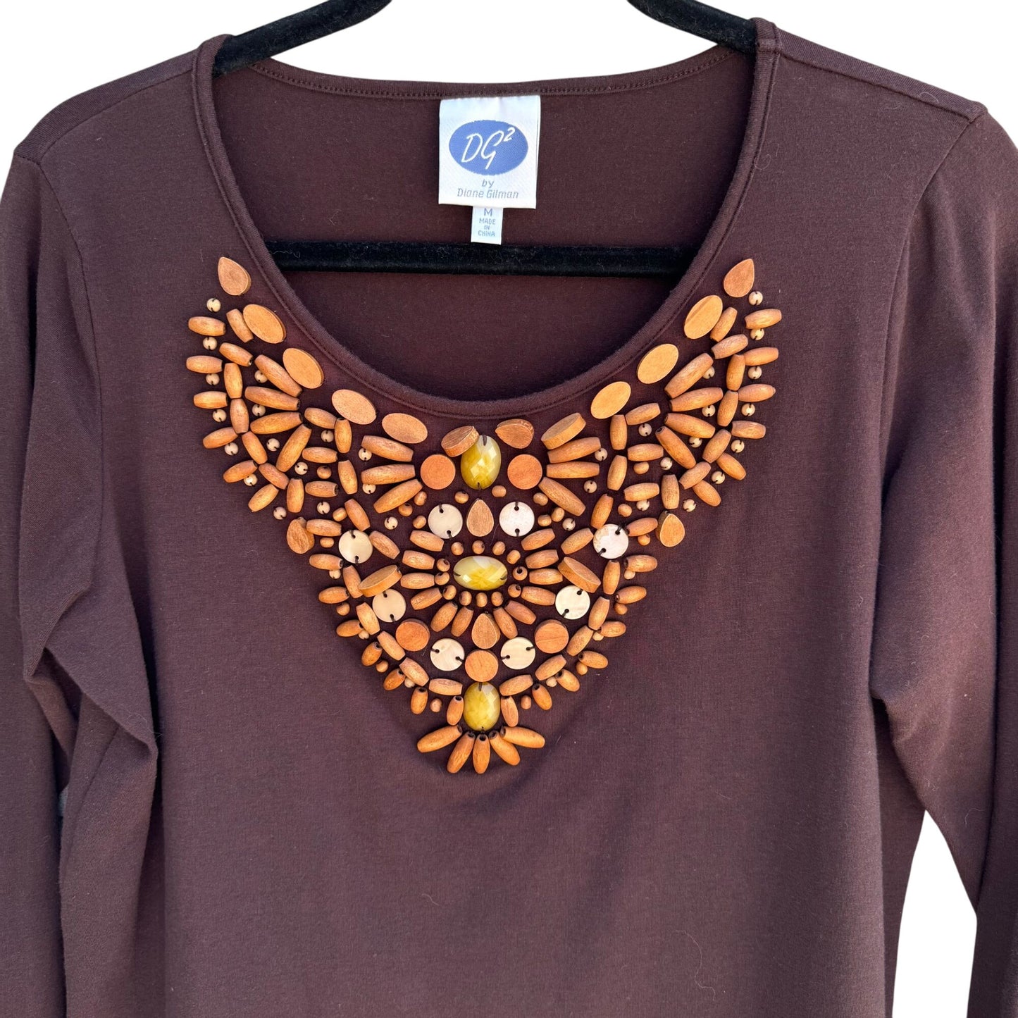DG2 Diane Gilman Brown Long Sleeve Wooden Bead Embellishment Scoop Neck Top M