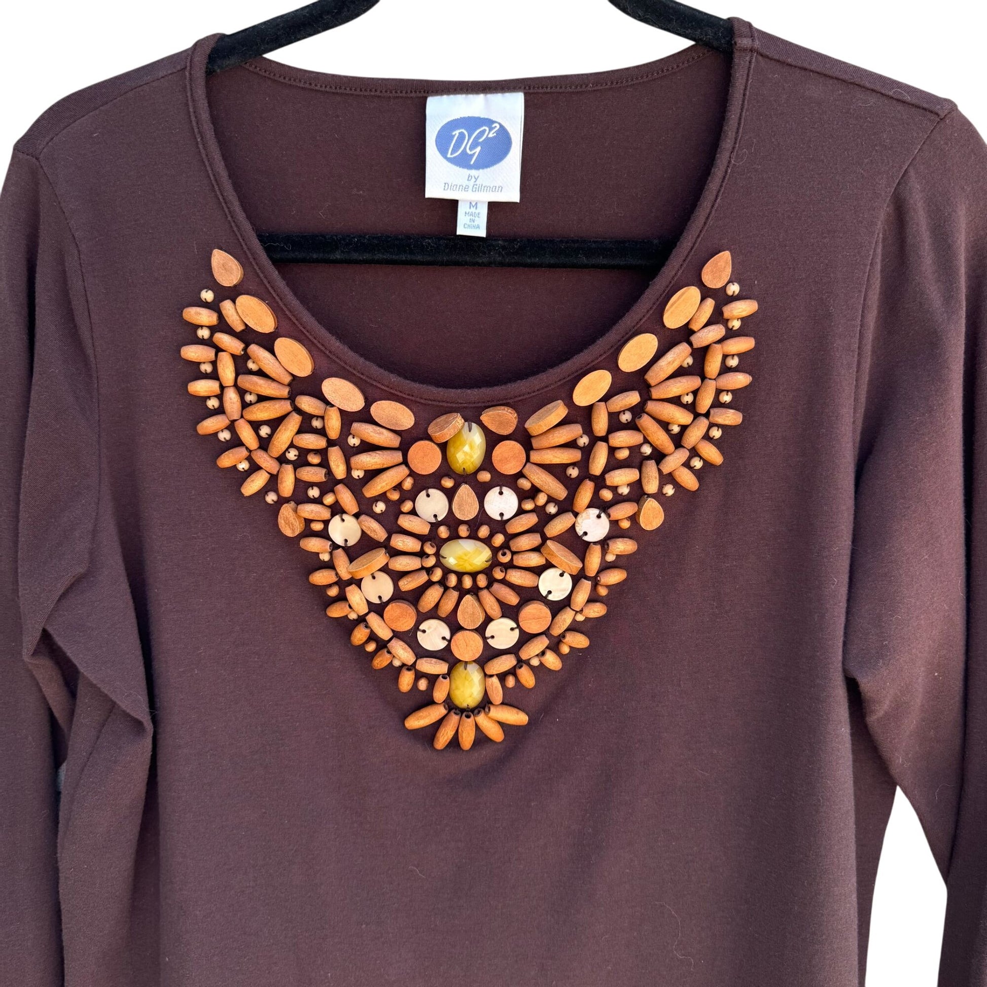 DG2 Diane Gilman Brown Long Sleeve Wooden Bead Embellishment Scoop Neck Top M