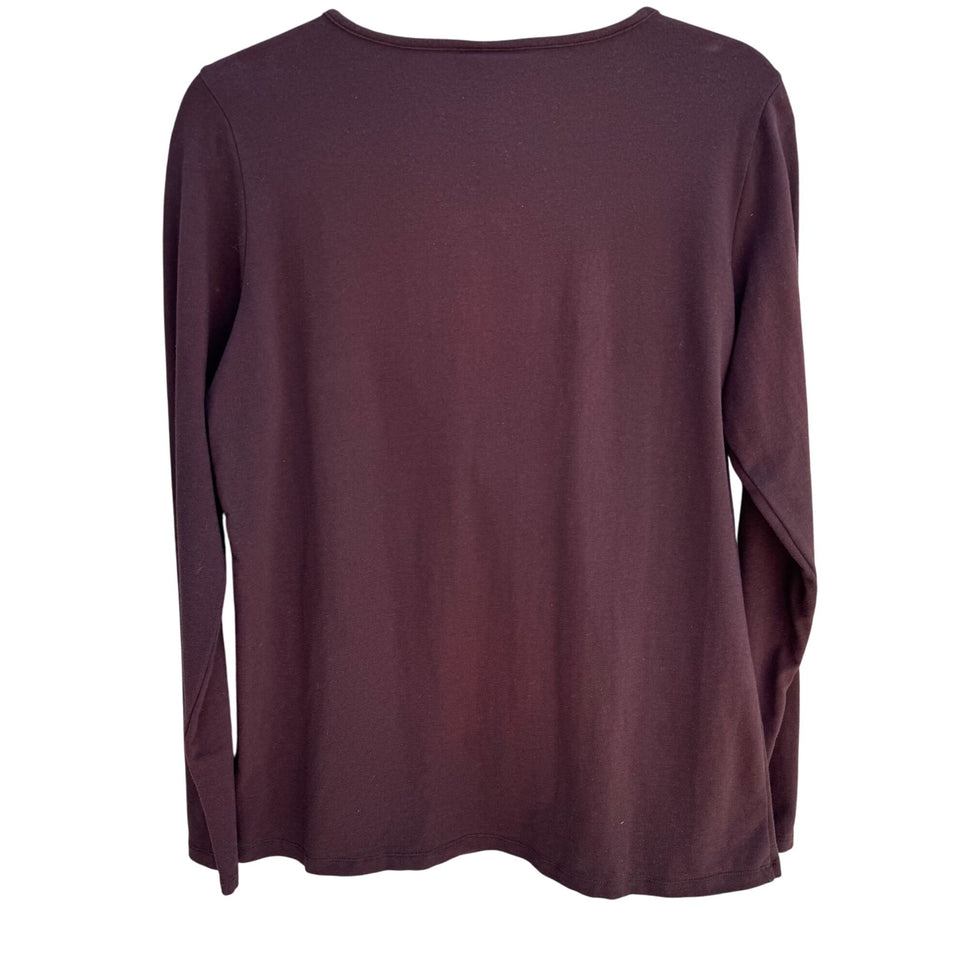 DG2 Diane Gilman Brown Long Sleeve Wooden Bead Embellishment Scoop Neck Top M