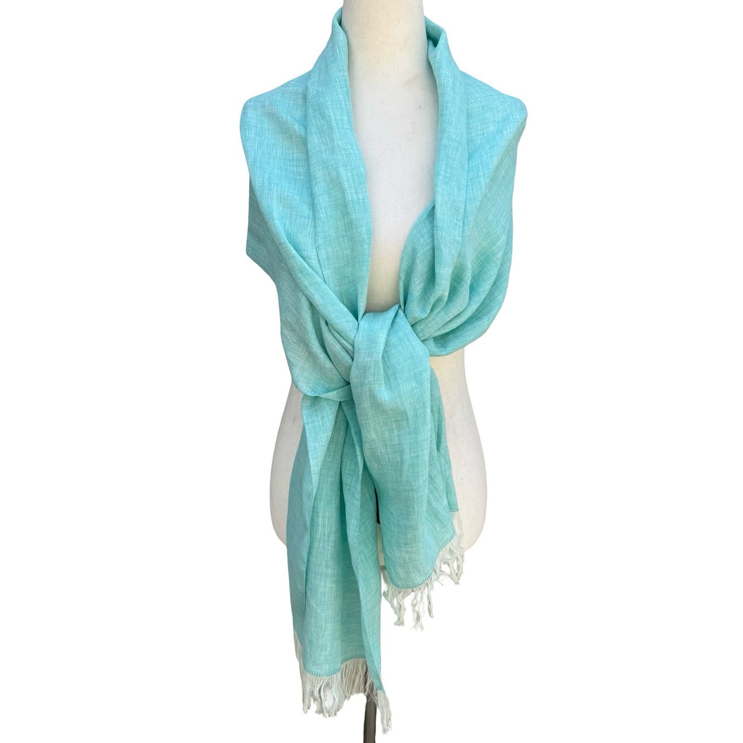 Lafayette 148 New York Coastal Boho Turquoise 100% Linen Fringe Scarf Wrap OS
