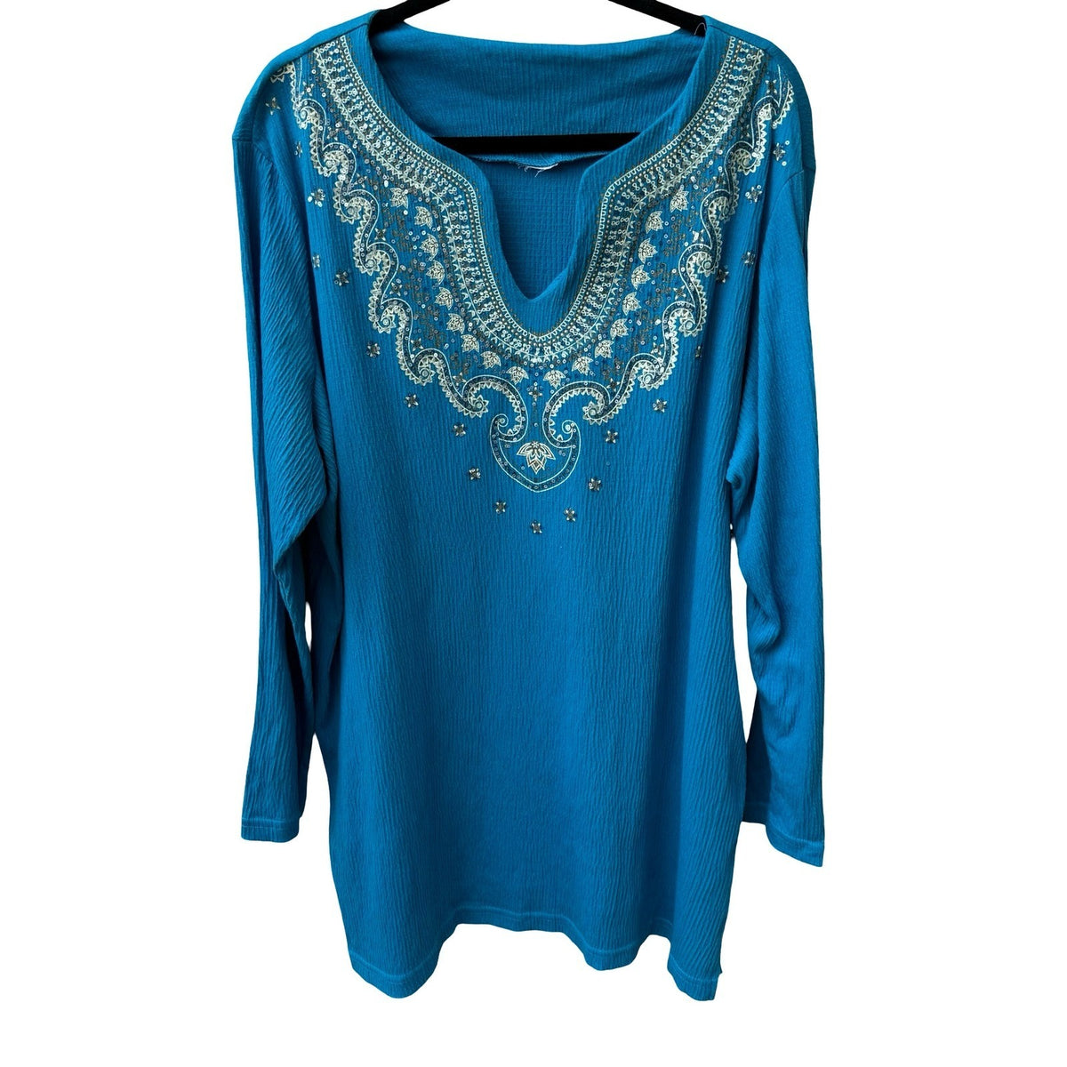 Boho Resortwear Turquoise Blue Sequin Embroidered Crinkle Peasant Tunic Top 2XL