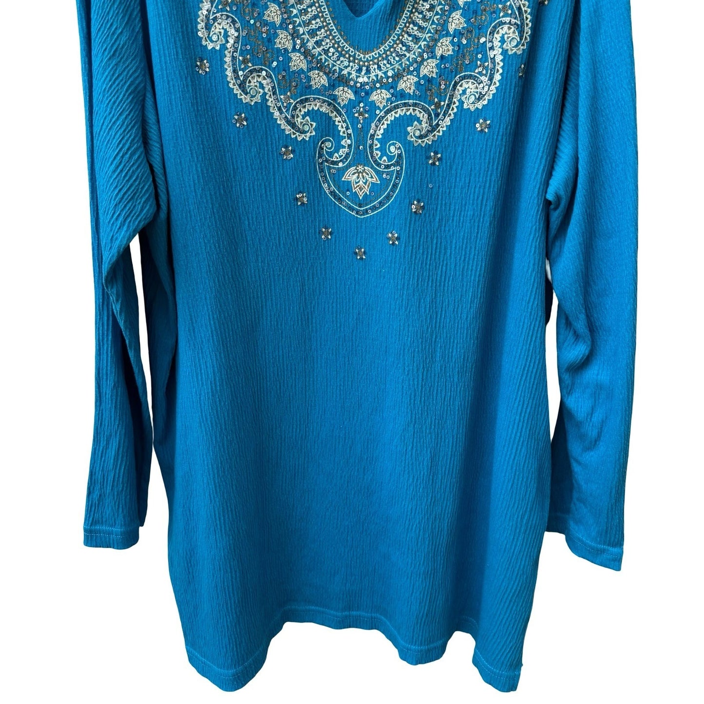 Boho Resortwear Turquoise Blue Sequin Embroidered Crinkle Peasant Tunic Top 2XL