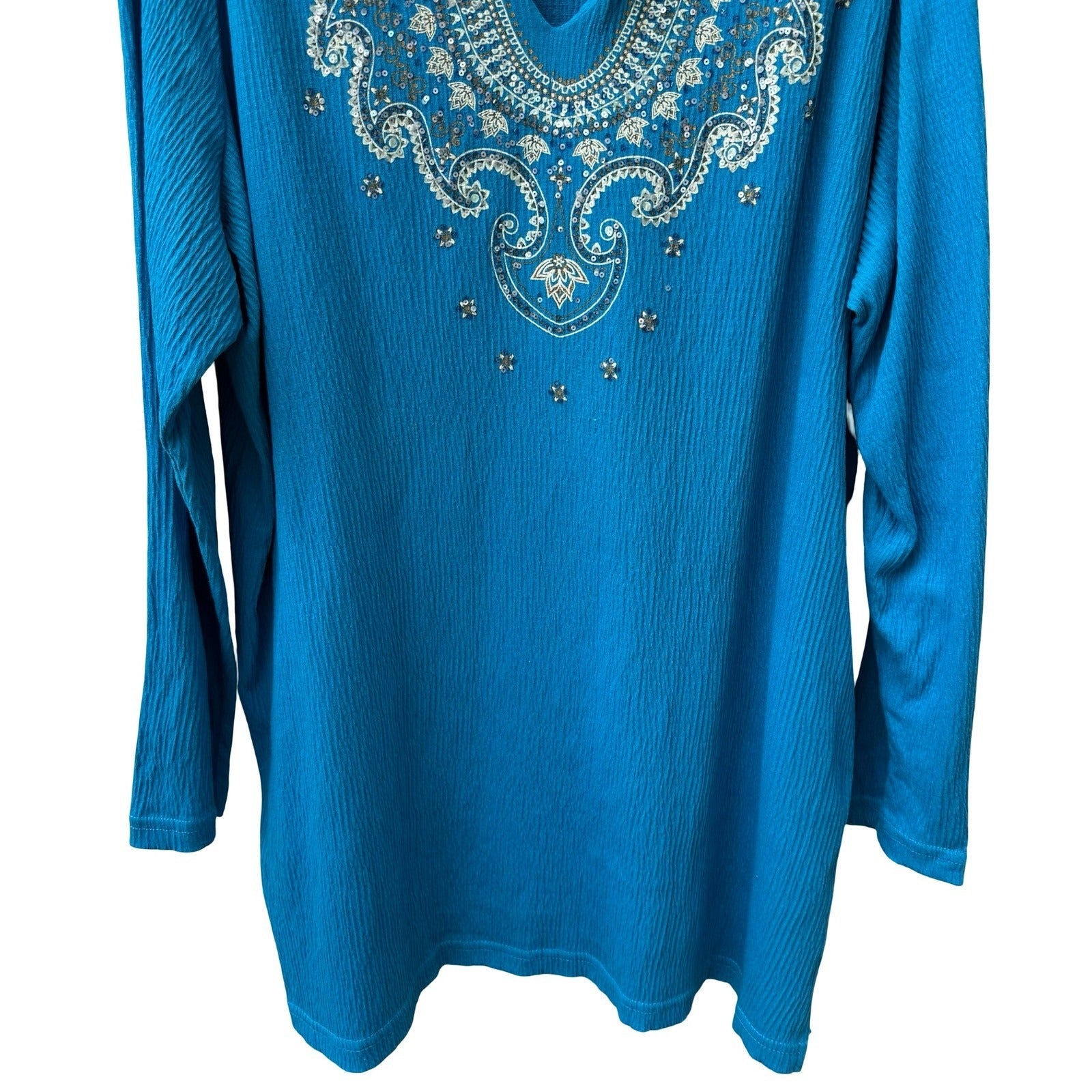 Boho Resortwear Turquoise Blue Sequin Embroidered Crinkle Peasant Tunic Top 2XL