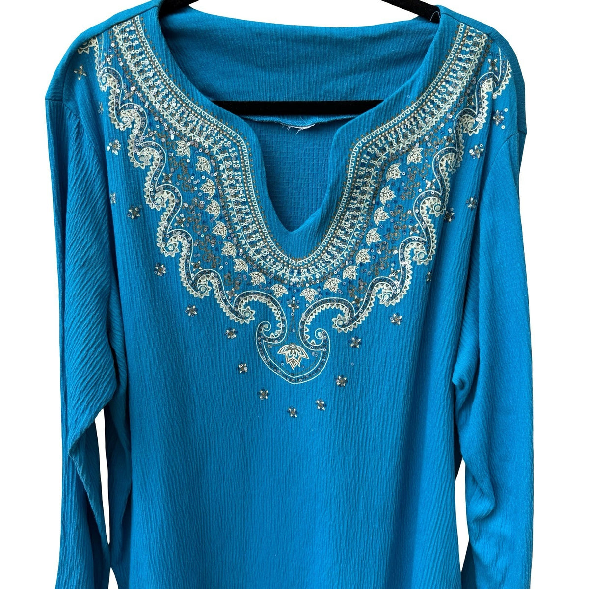 Boho Resortwear Turquoise Blue Sequin Embroidered Crinkle Peasant Tunic Top 2XL