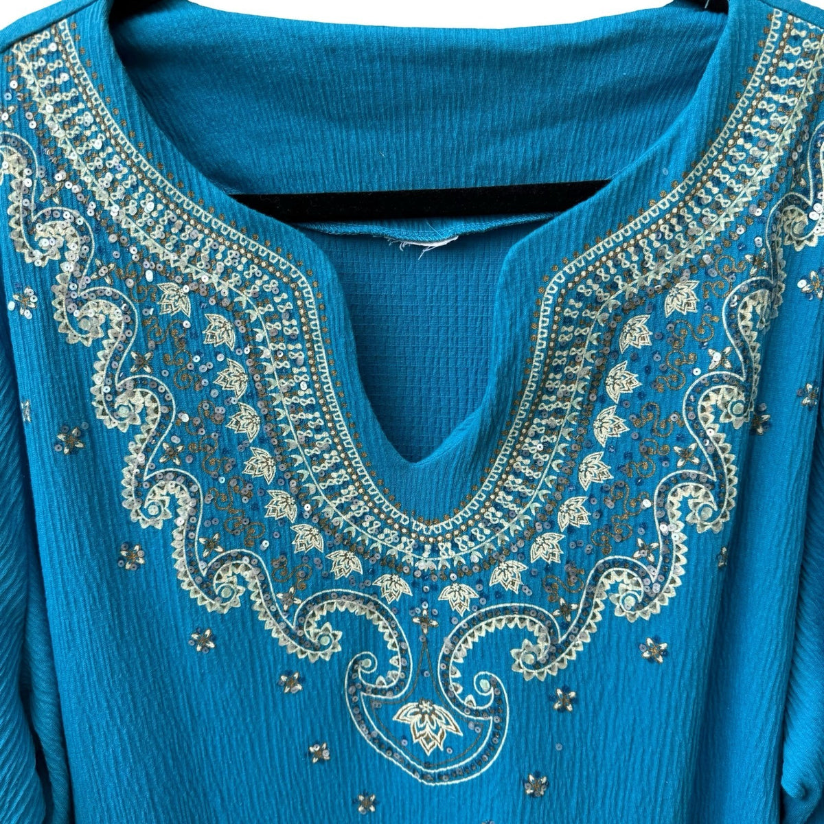 Boho Resortwear Turquoise Blue Sequin Embroidered Crinkle Peasant Tunic Top 2XL