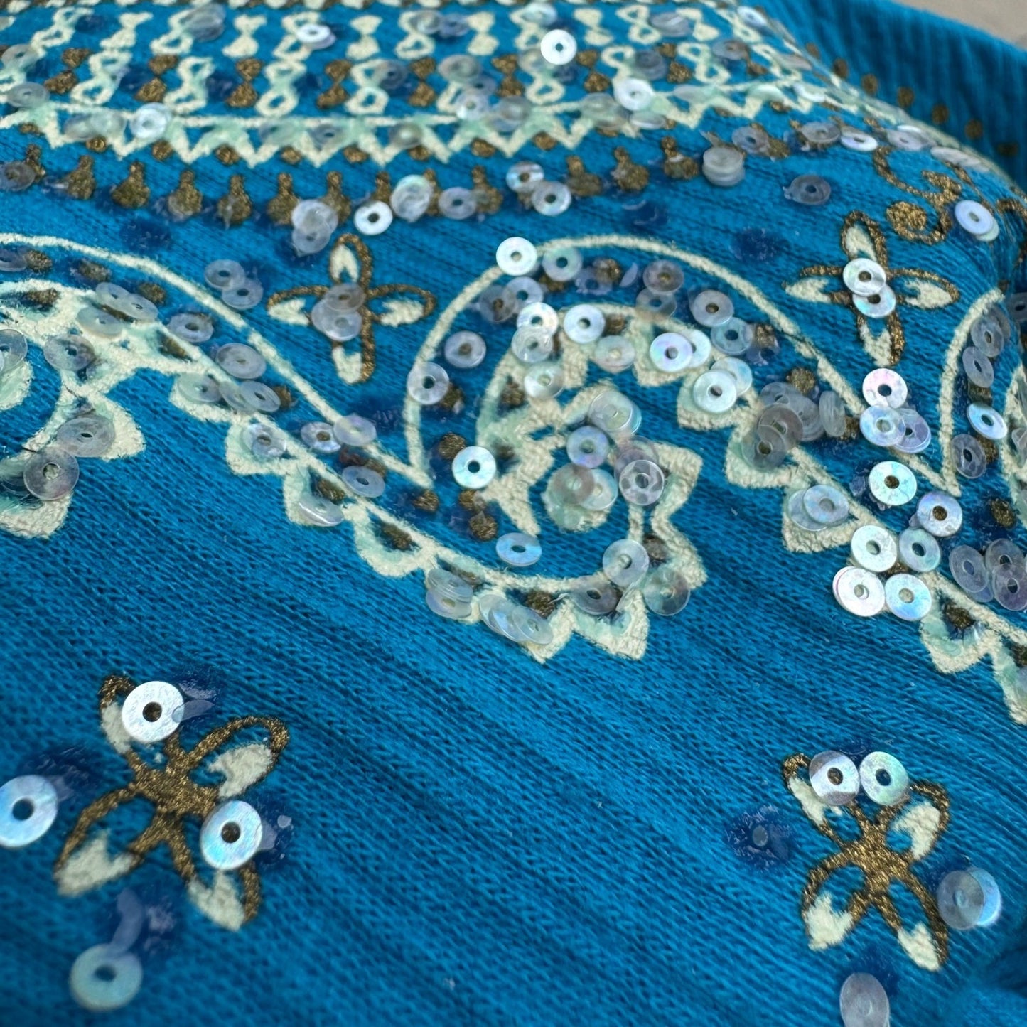 Boho Resortwear Turquoise Blue Sequin Embroidered Crinkle Peasant Tunic Top 2XL