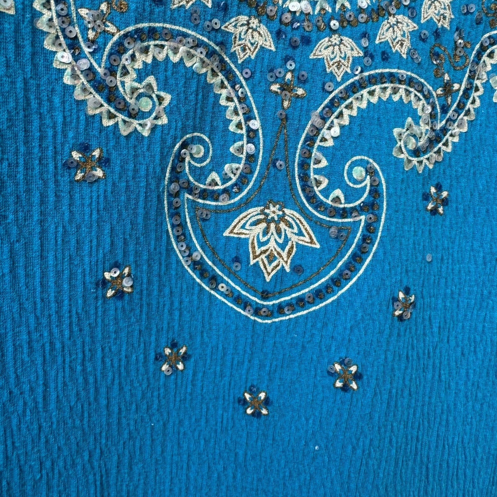 Boho Resortwear Turquoise Blue Sequin Embroidered Crinkle Peasant Tunic Top 2XL