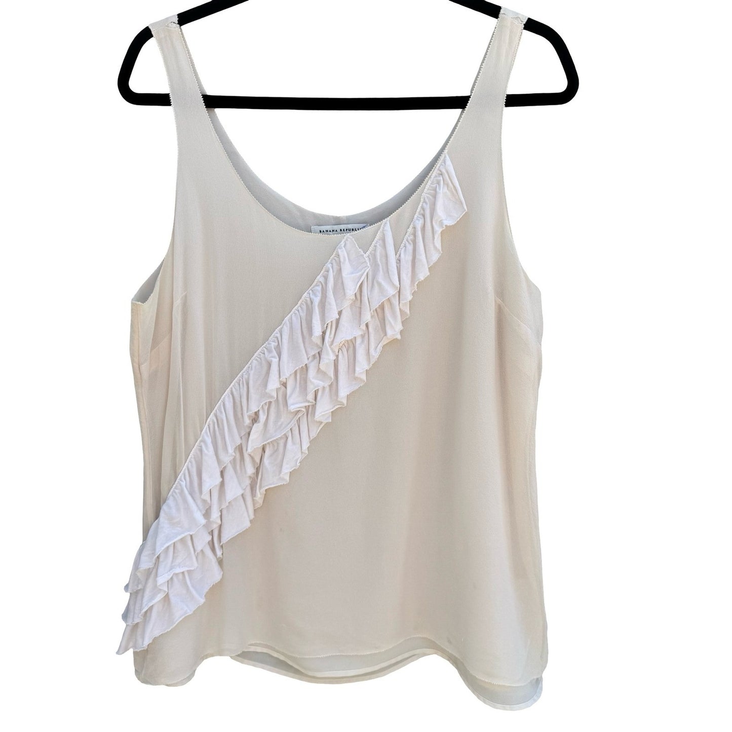 Banana Republic Silk Cream Ruffle Front Sleeveless Top Scoop Neck L Coquette
