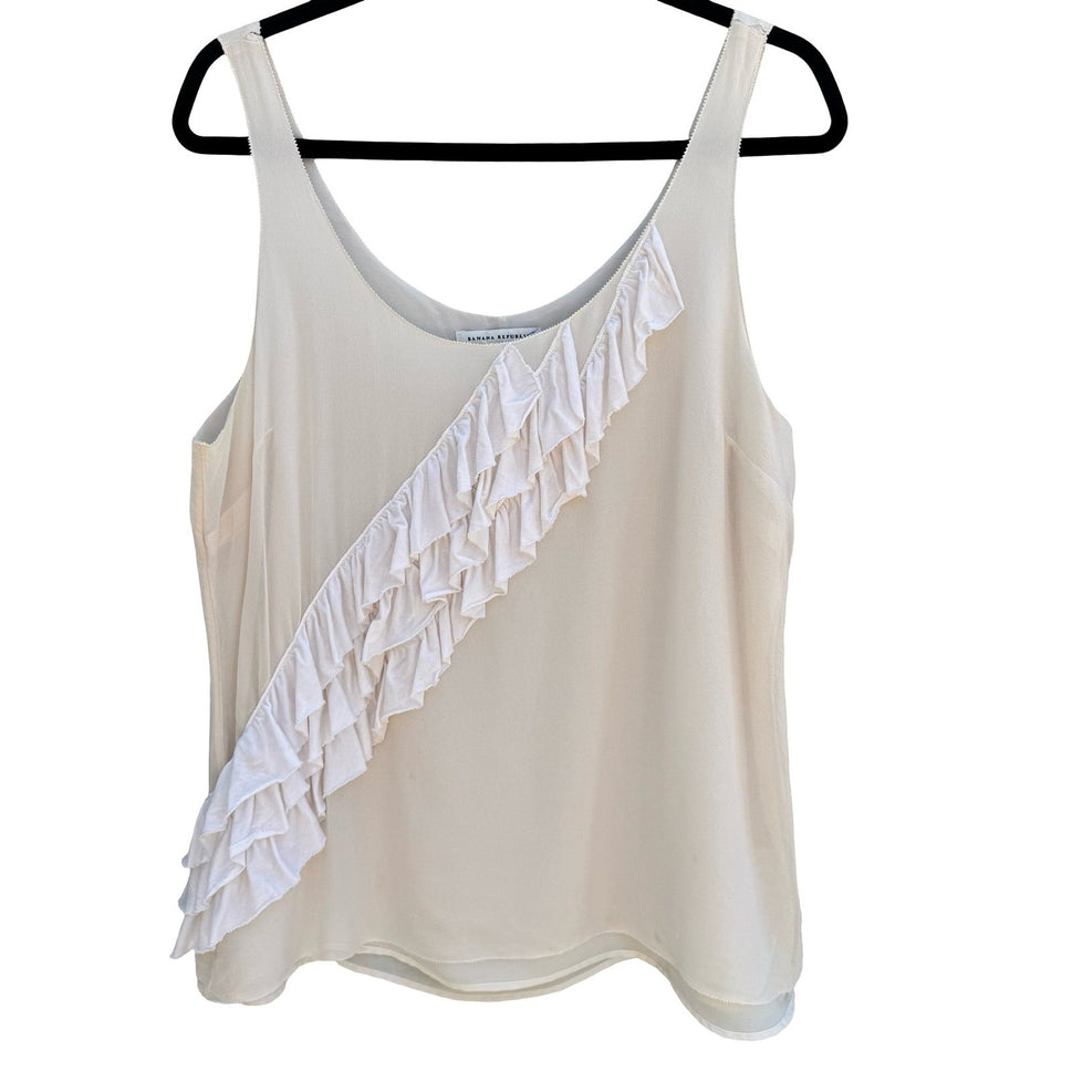 Banana Republic Silk Cream Ruffle Front Sleeveless Top Scoop Neck L Coquette