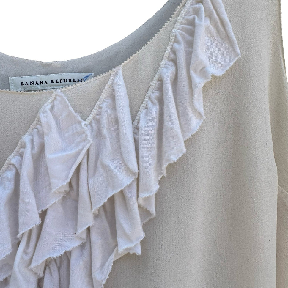Banana Republic Silk Cream Ruffle Front Sleeveless Top Scoop Neck L Coquette