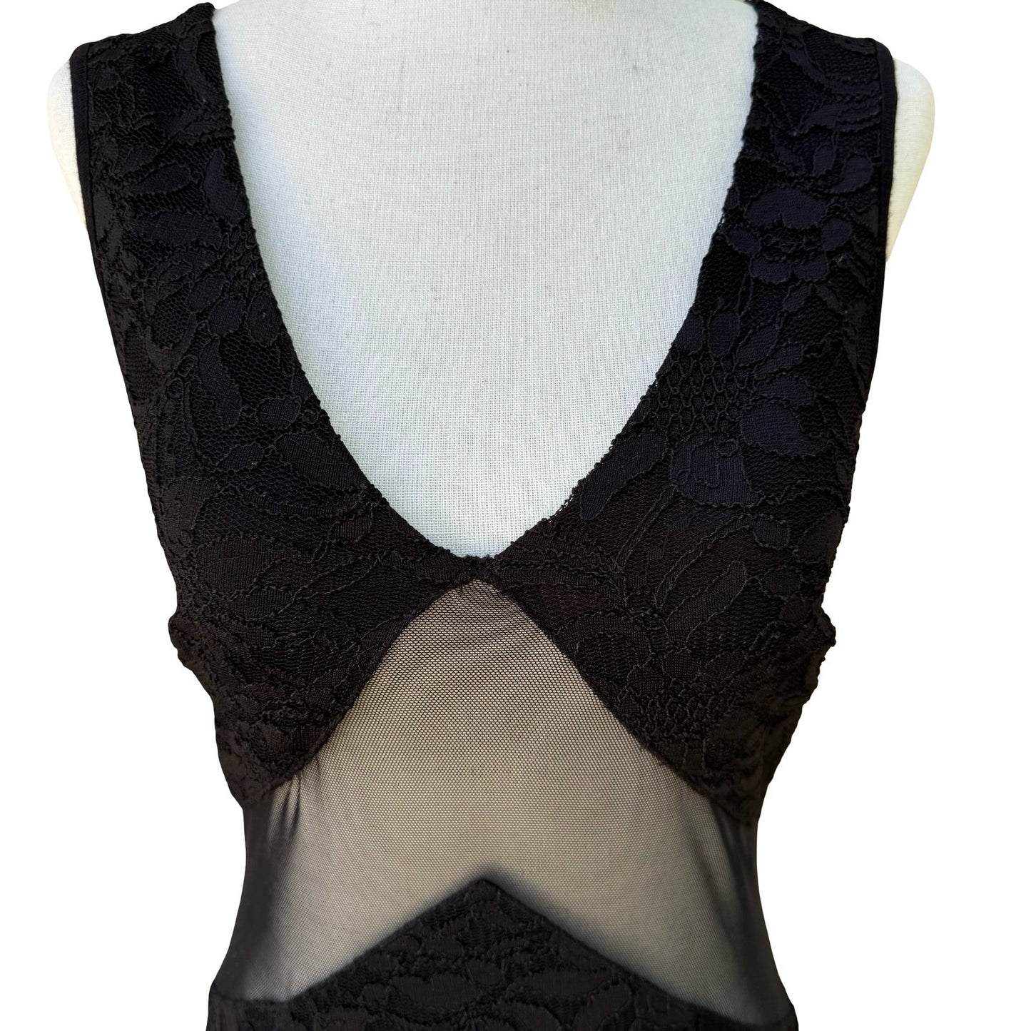 Black Floral Lace Mesh Cutout Bodycon Mini Cocktail Dress Open Back Sleeveless S