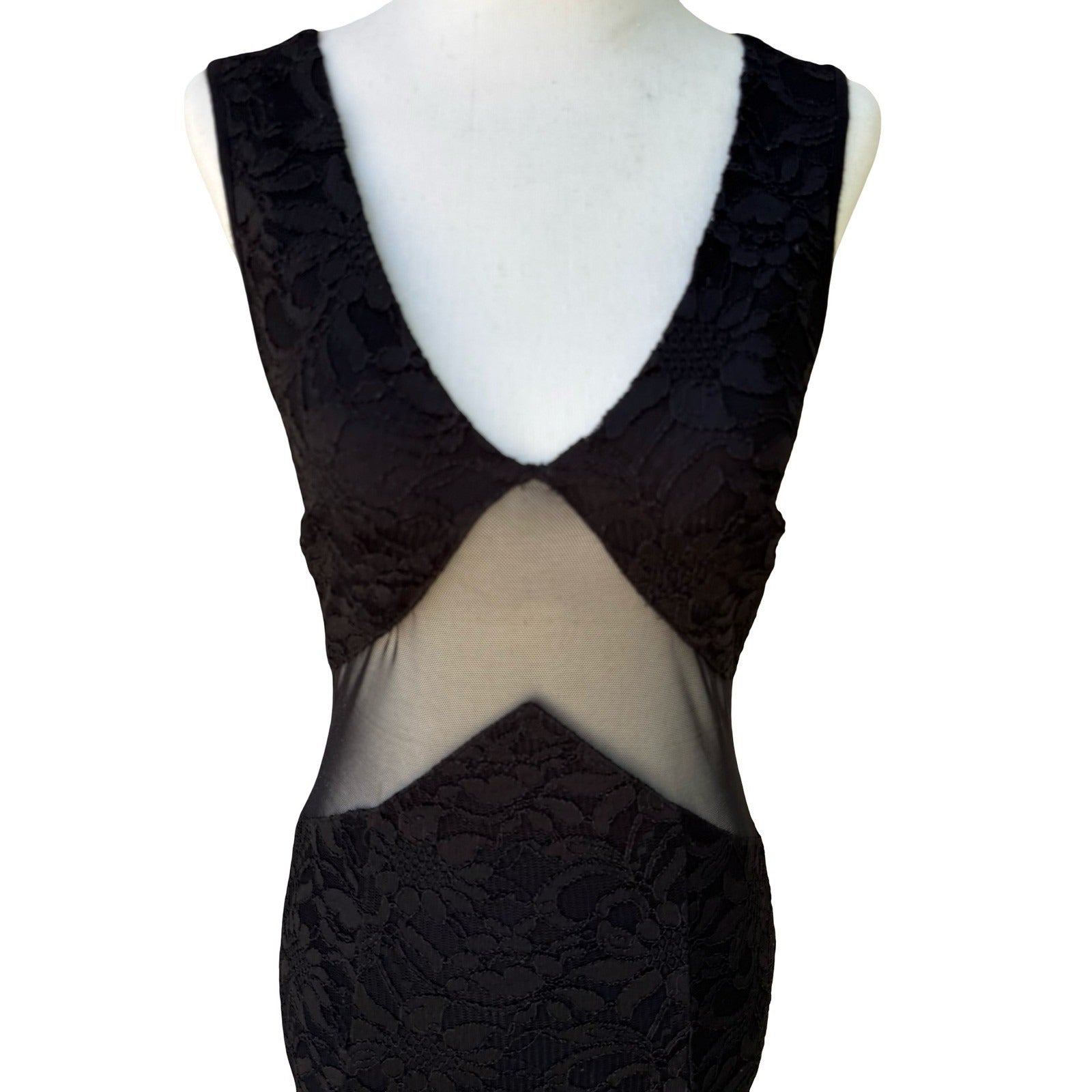 Black Floral Lace Mesh Cutout Bodycon Mini Cocktail Dress Open Back Sleeveless S