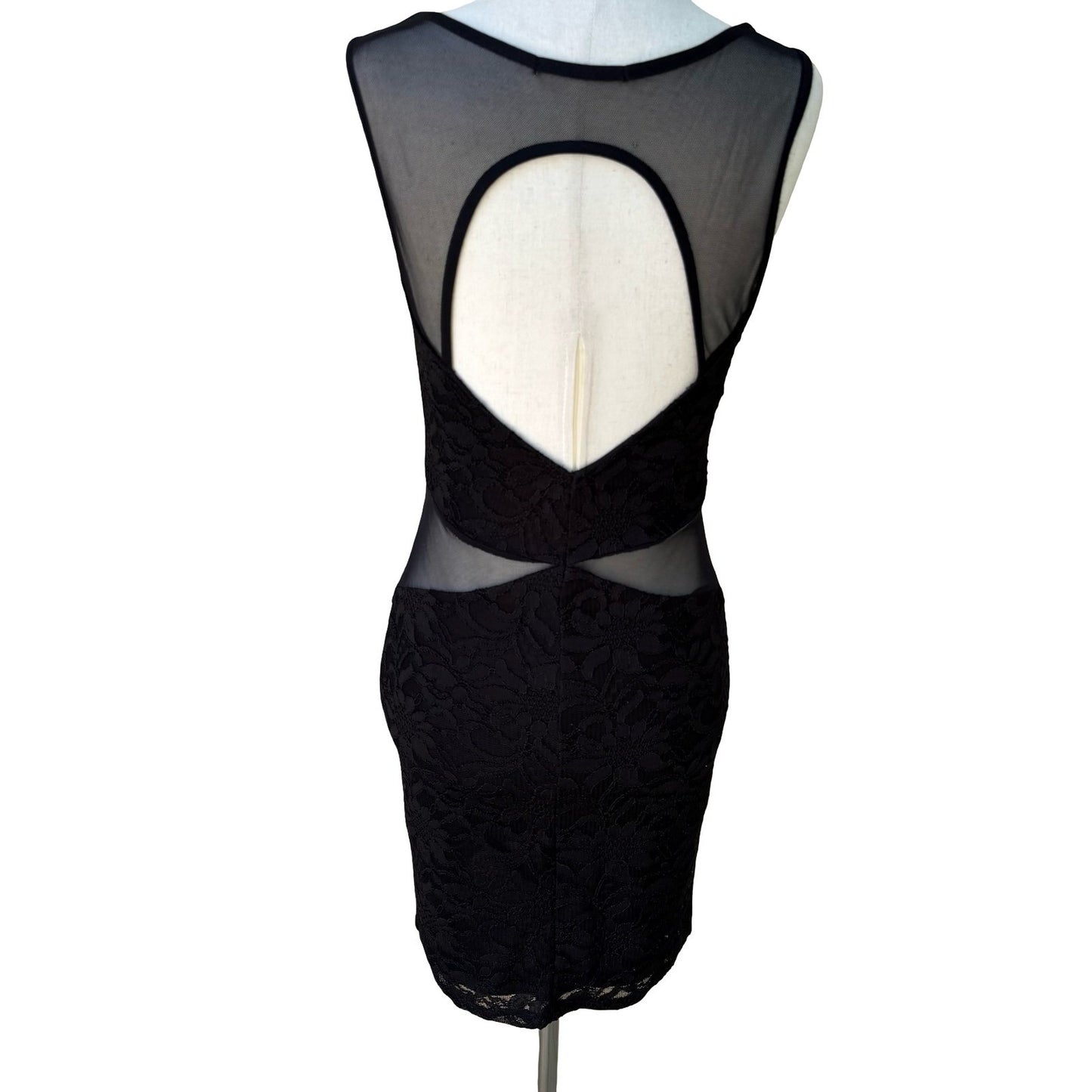 Black Floral Lace Mesh Cutout Bodycon Mini Cocktail Dress Open Back Sleeveless S