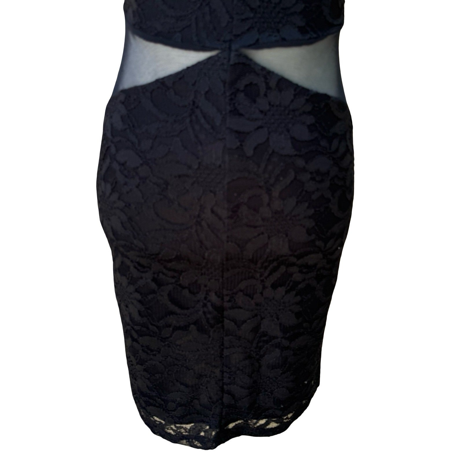 Black Floral Lace Mesh Cutout Bodycon Mini Cocktail Dress Open Back Sleeveless S