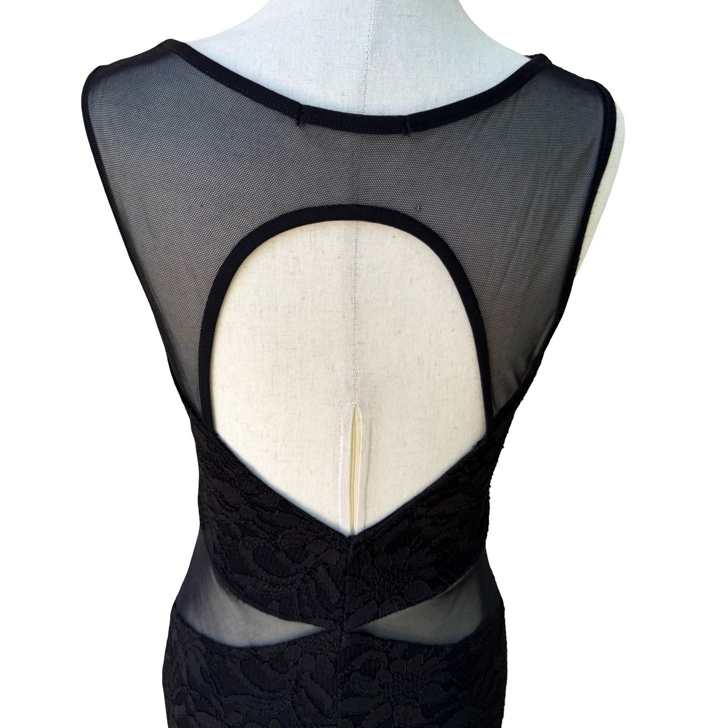 Black Floral Lace Mesh Cutout Bodycon Mini Cocktail Dress Open Back Sleeveless S