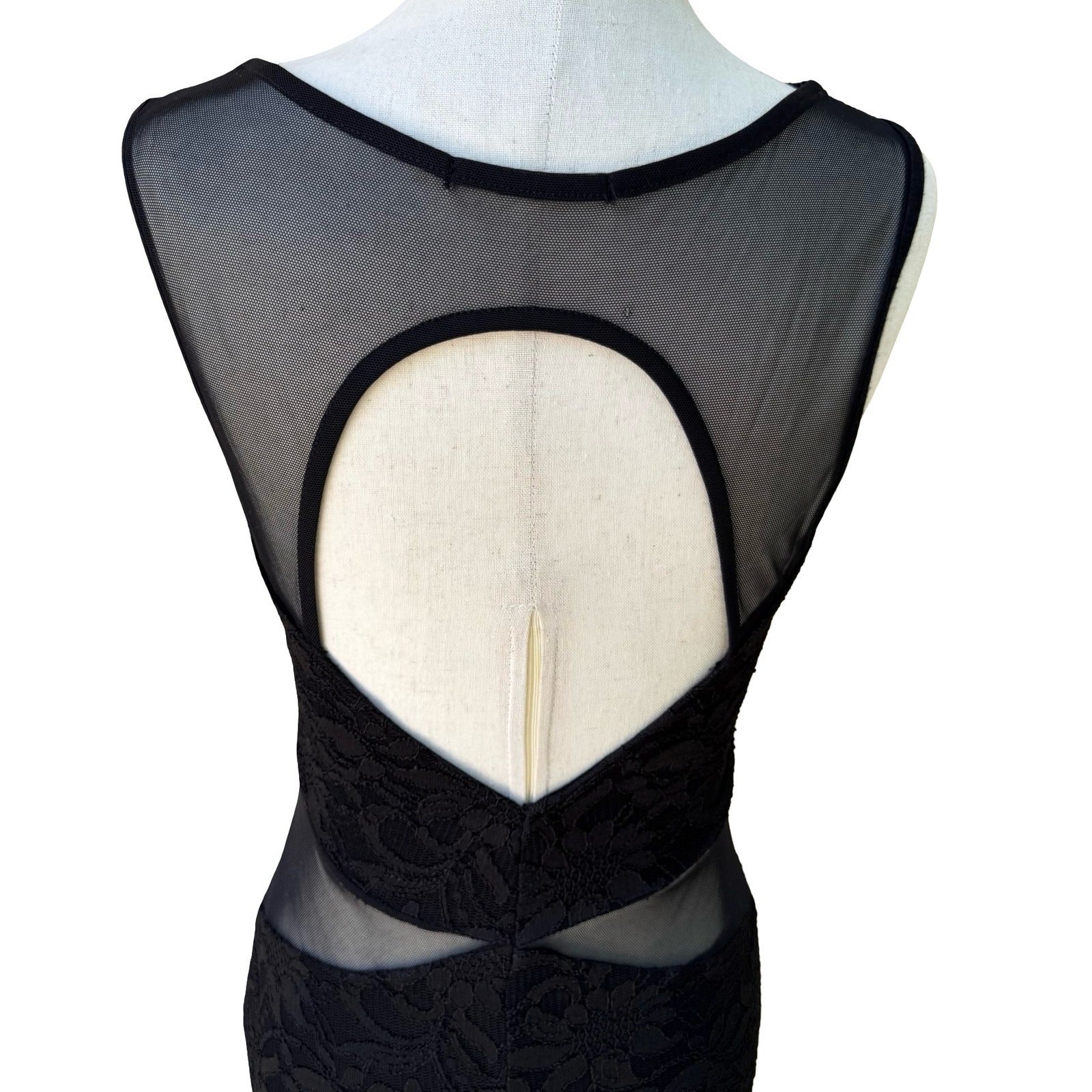 Black Floral Lace Mesh Cutout Bodycon Mini Cocktail Dress Open Back Sleeveless S