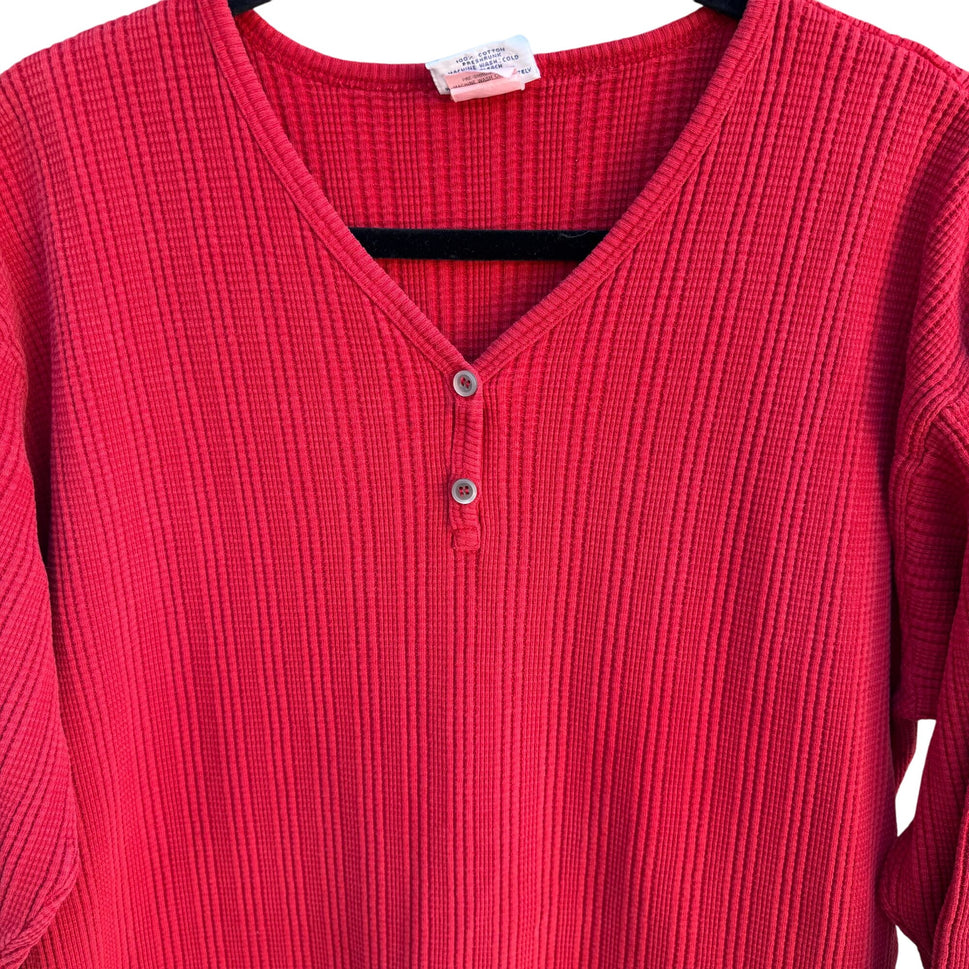 City Lights SF Vintage Red Waffle Knit Long Sleeve V Neck Thermal Henley Top L/XL