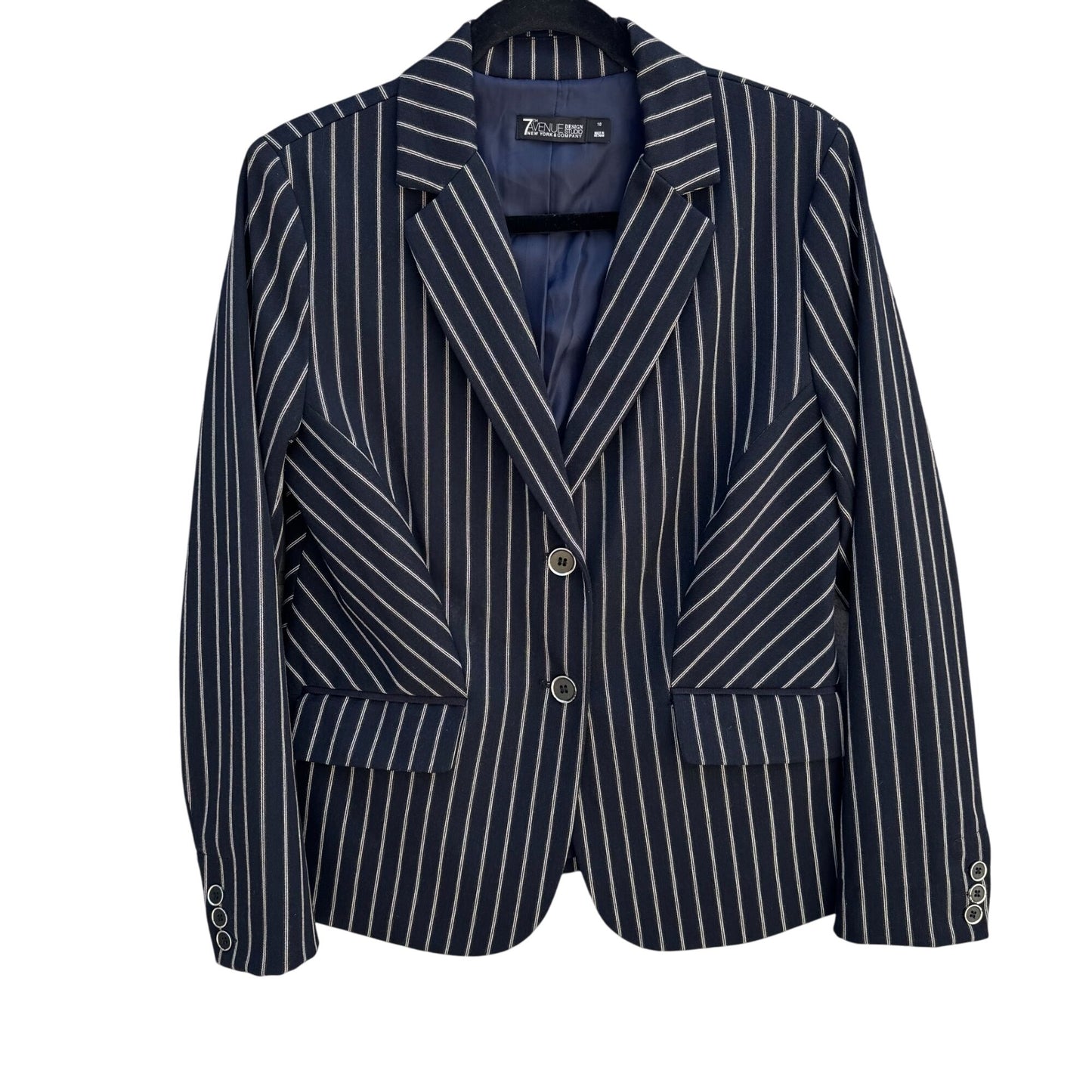 7th Avenue Design Studio Womens Preppy Navy White Pinstripe Blazer Jacket 10