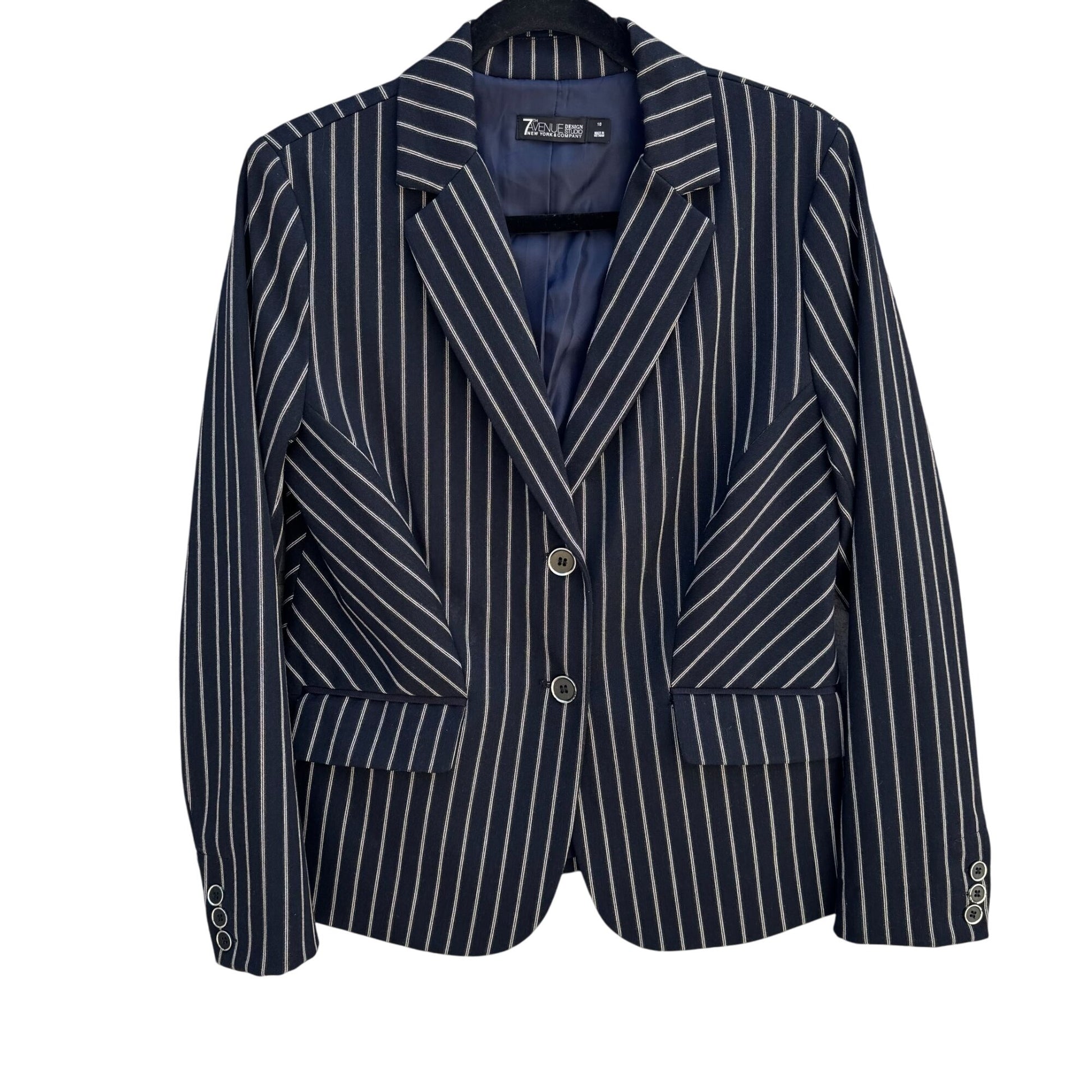 7th Avenue Design Studio Womens Preppy Navy White Pinstripe Blazer Jacket 10
