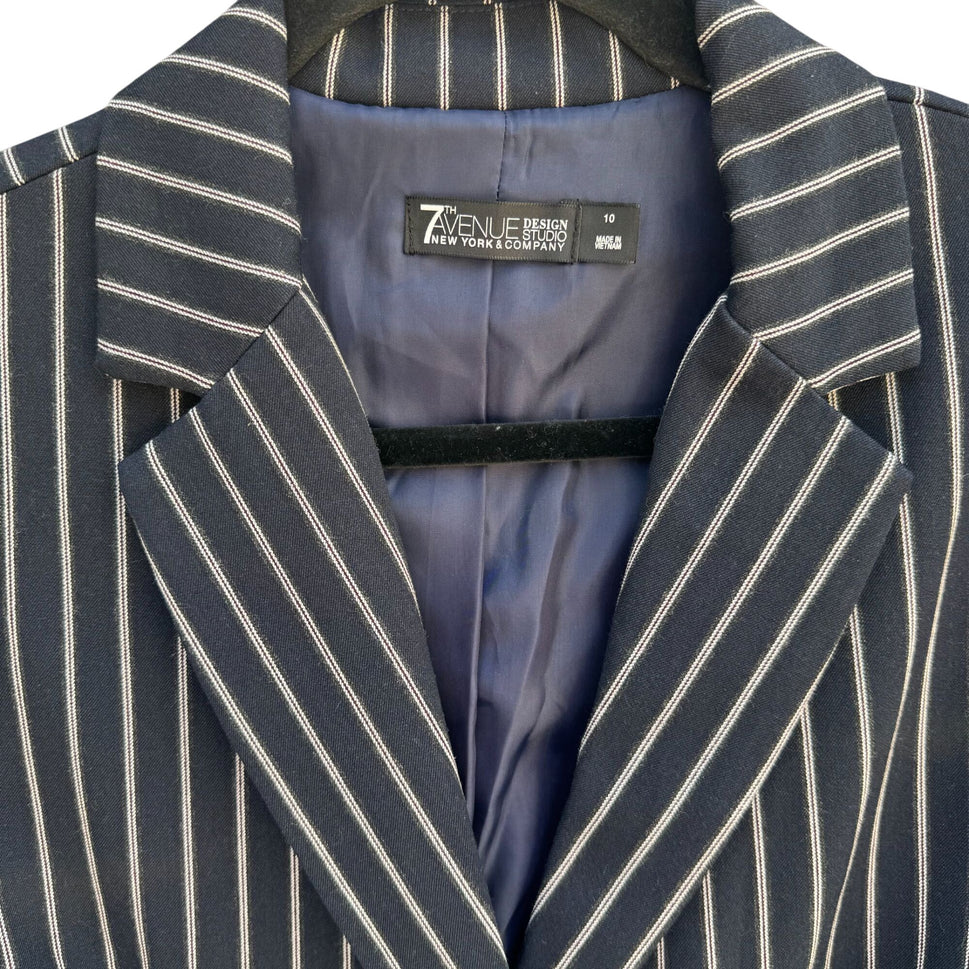 7th Avenue Design Studio Womens Preppy Navy White Pinstripe Blazer Jacket 10