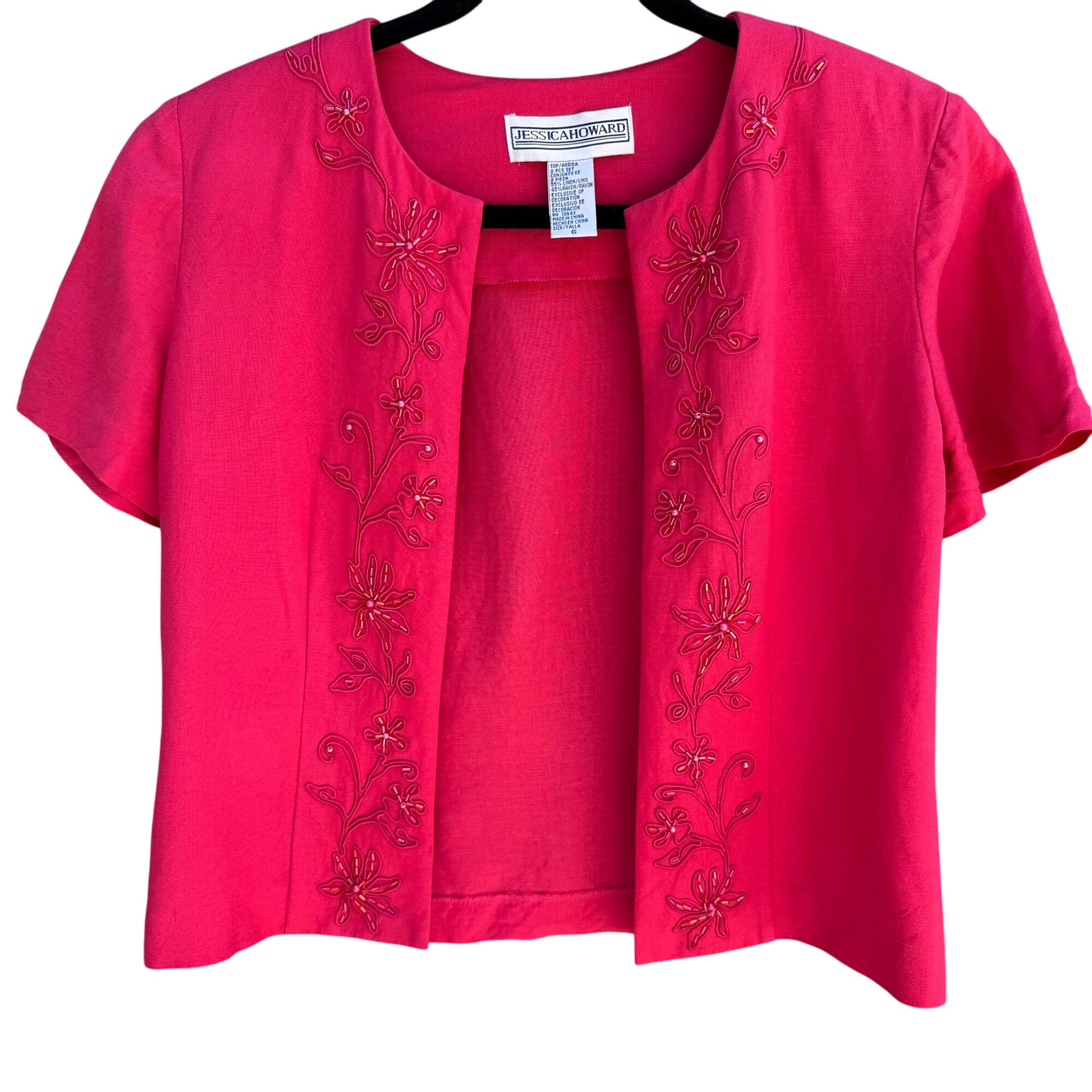 JESSICA HOWARD Womens Pink Linen Blend Floral Beaded Embroidery Dress Jacket Set 6