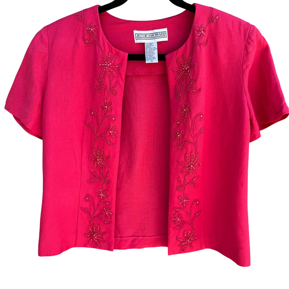 JESSICA HOWARD Womens Pink Linen Blend Floral Beaded Embroidery Dress Jacket Set 6
