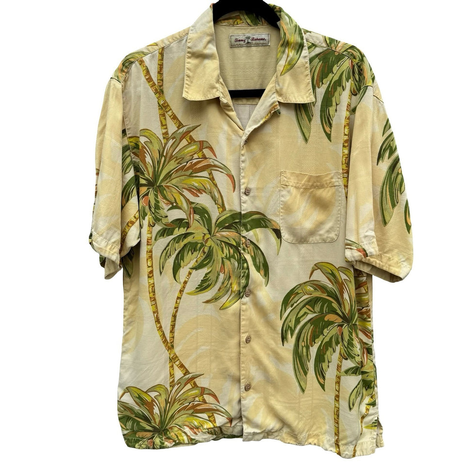 Tommy Bahama Mens M Yellow Silk Palm Tree Tropical Hawaiian Camp Shirt Short Slv