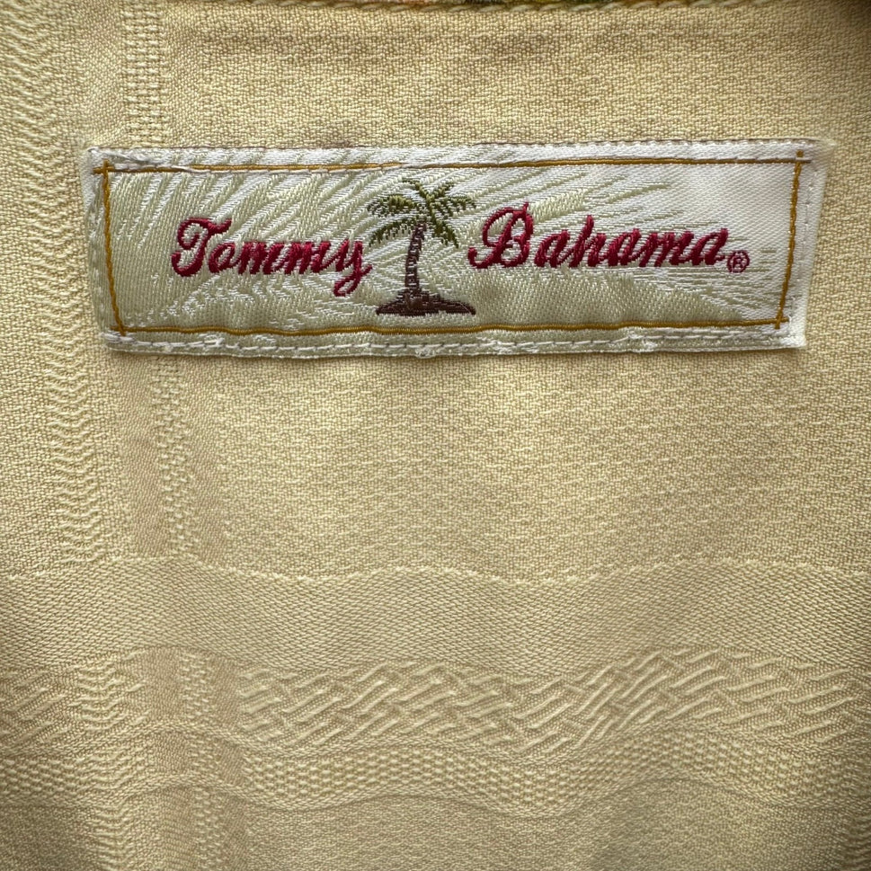 Tommy Bahama Mens M Yellow Silk Palm Tree Tropical Hawaiian Camp Shirt Short Slv