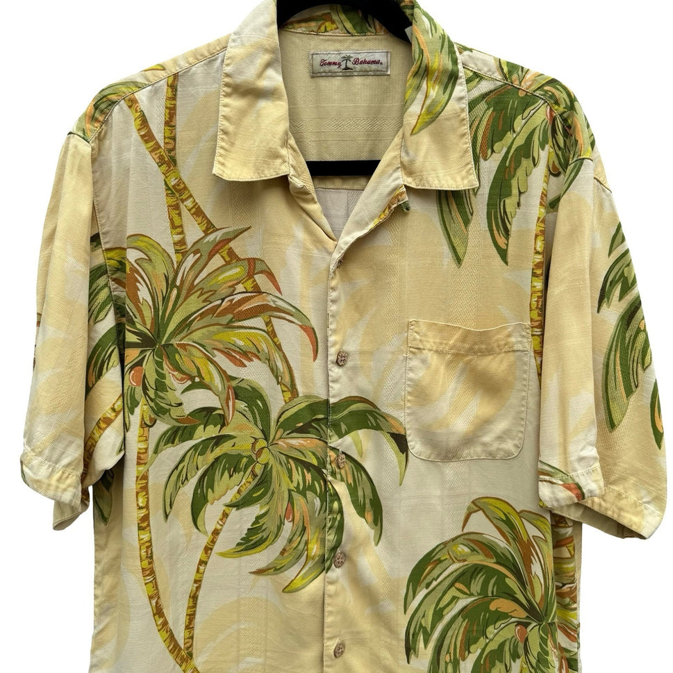 Tommy Bahama Mens M Yellow Silk Palm Tree Tropical Hawaiian Camp Shirt Short Slv