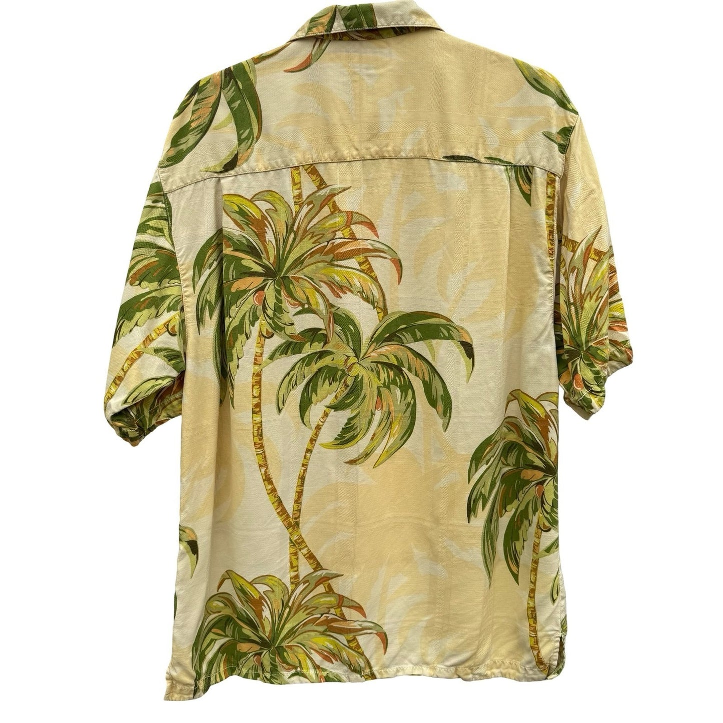 Tommy Bahama Mens M Yellow Silk Palm Tree Tropical Hawaiian Camp Shirt Short Slv