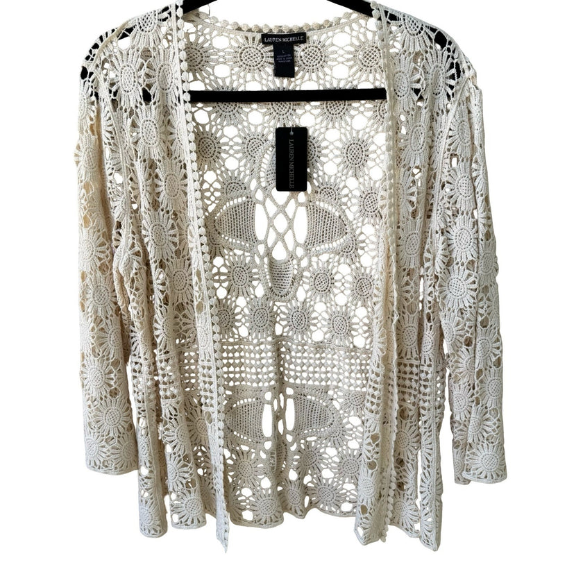 Lauren Michelle Boho Cottagecore Coastal Cotton Crochet Open Front Cardigan NEW