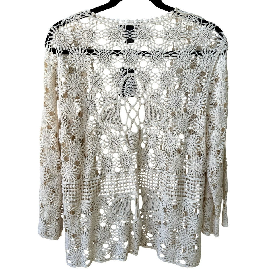 Lauren Michelle Boho Cottagecore Coastal Cotton Crochet Open Front Cardigan NEW