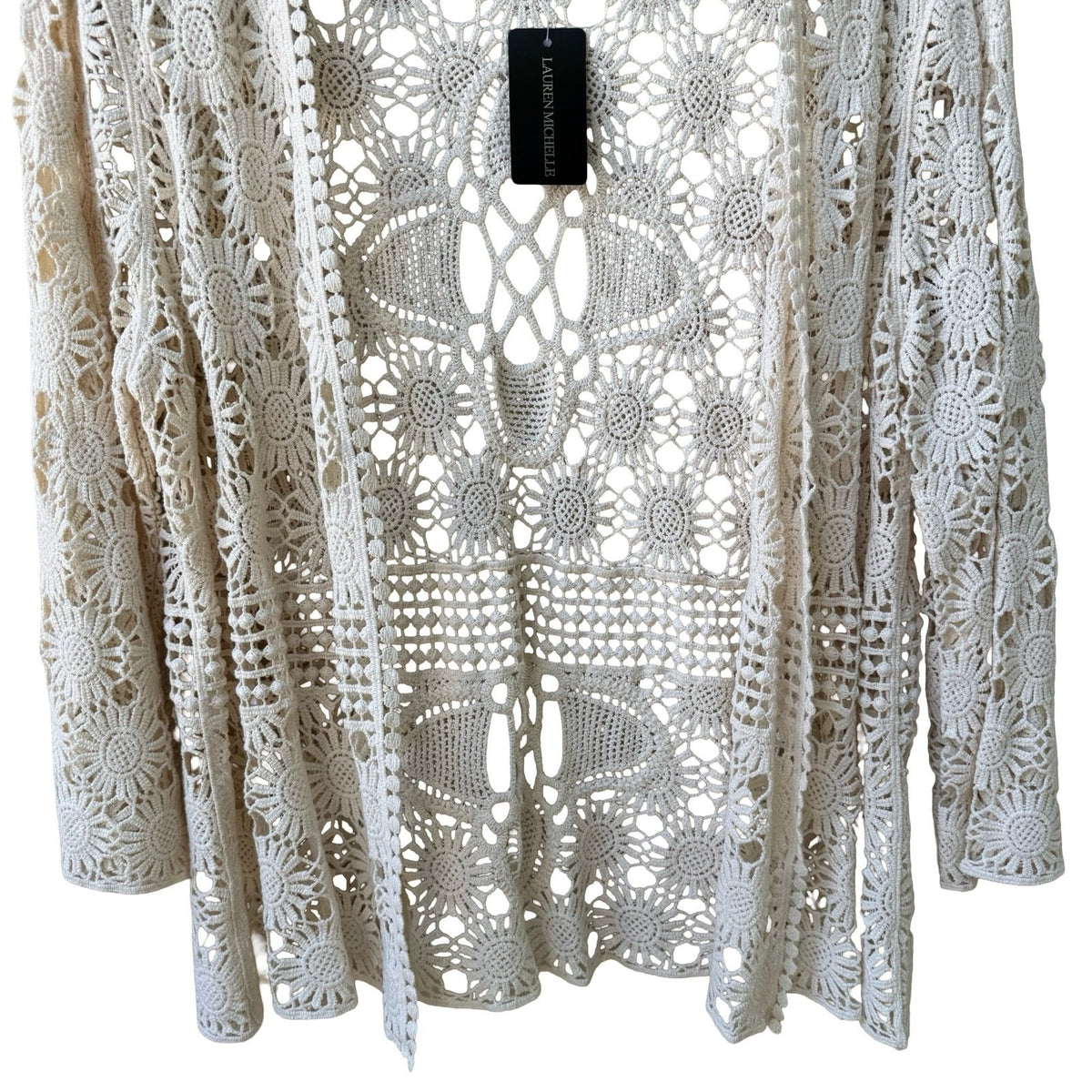 Lauren Michelle Boho Cottagecore Coastal Cotton Crochet Open Front Cardigan NEW