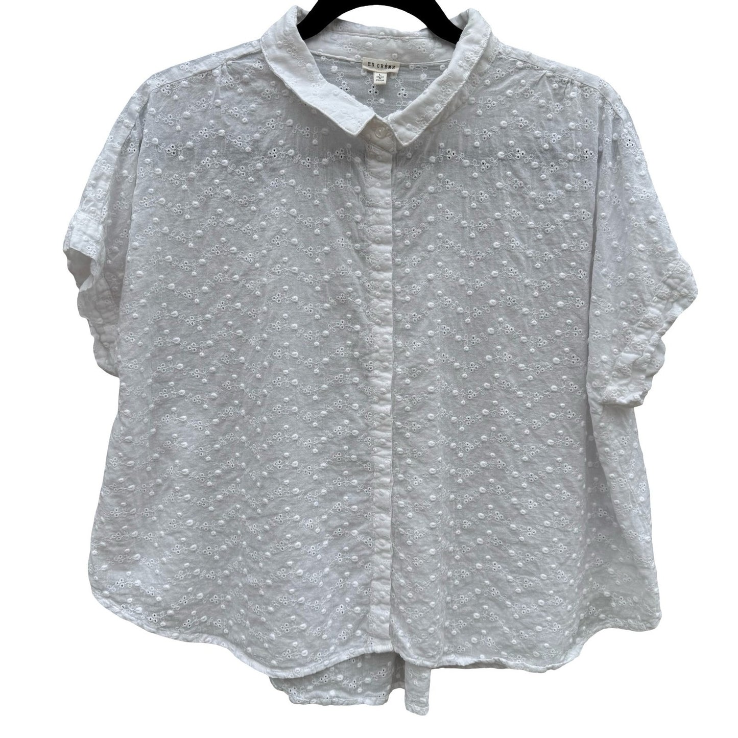 En Creme White Eyelet Button Down Shirt Floral Embroidery Cottage Blouse L Boho