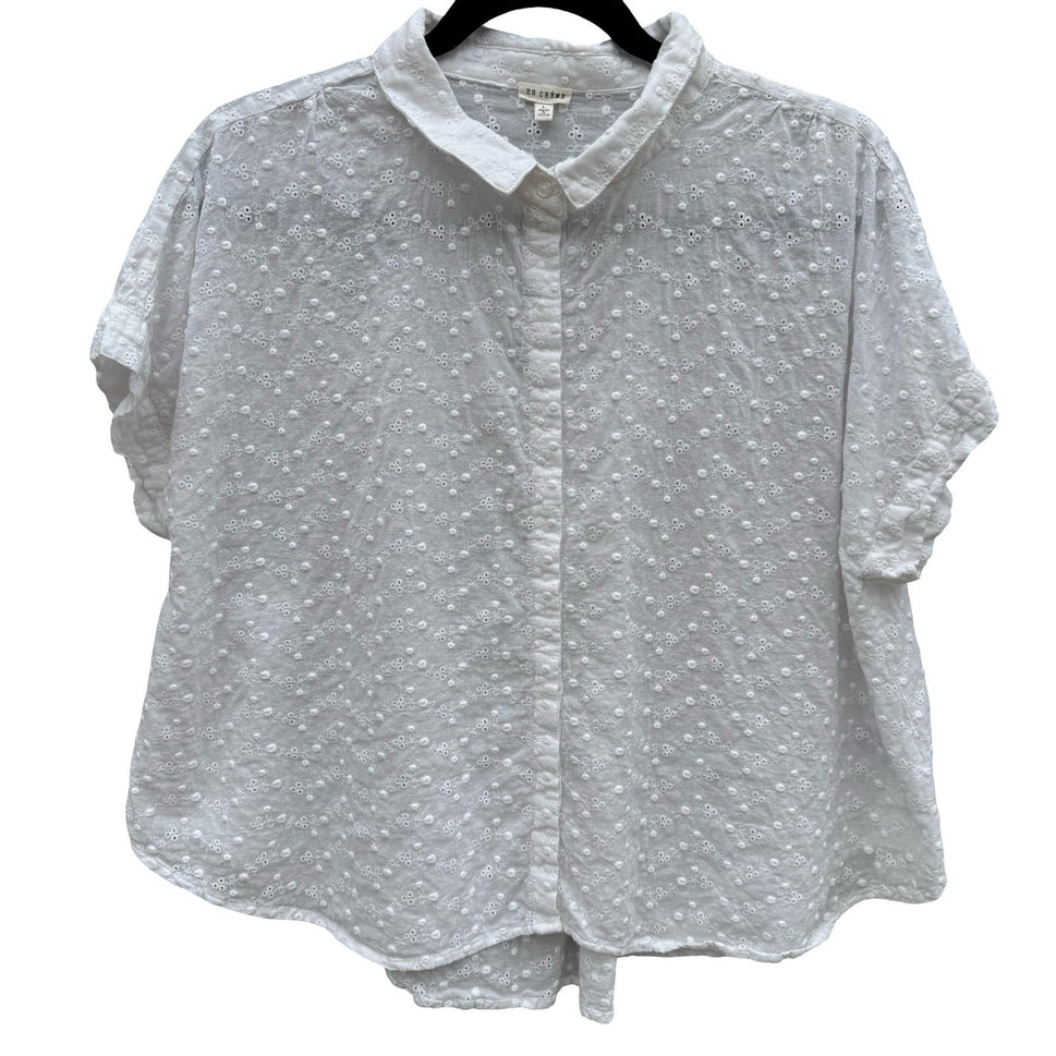 En Creme White Eyelet Button Down Shirt Floral Embroidery Cottage Blouse L Boho