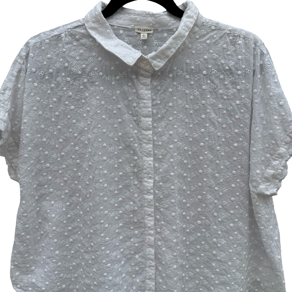 En Creme White Eyelet Button Down Shirt Floral Embroidery Cottage Blouse L Boho