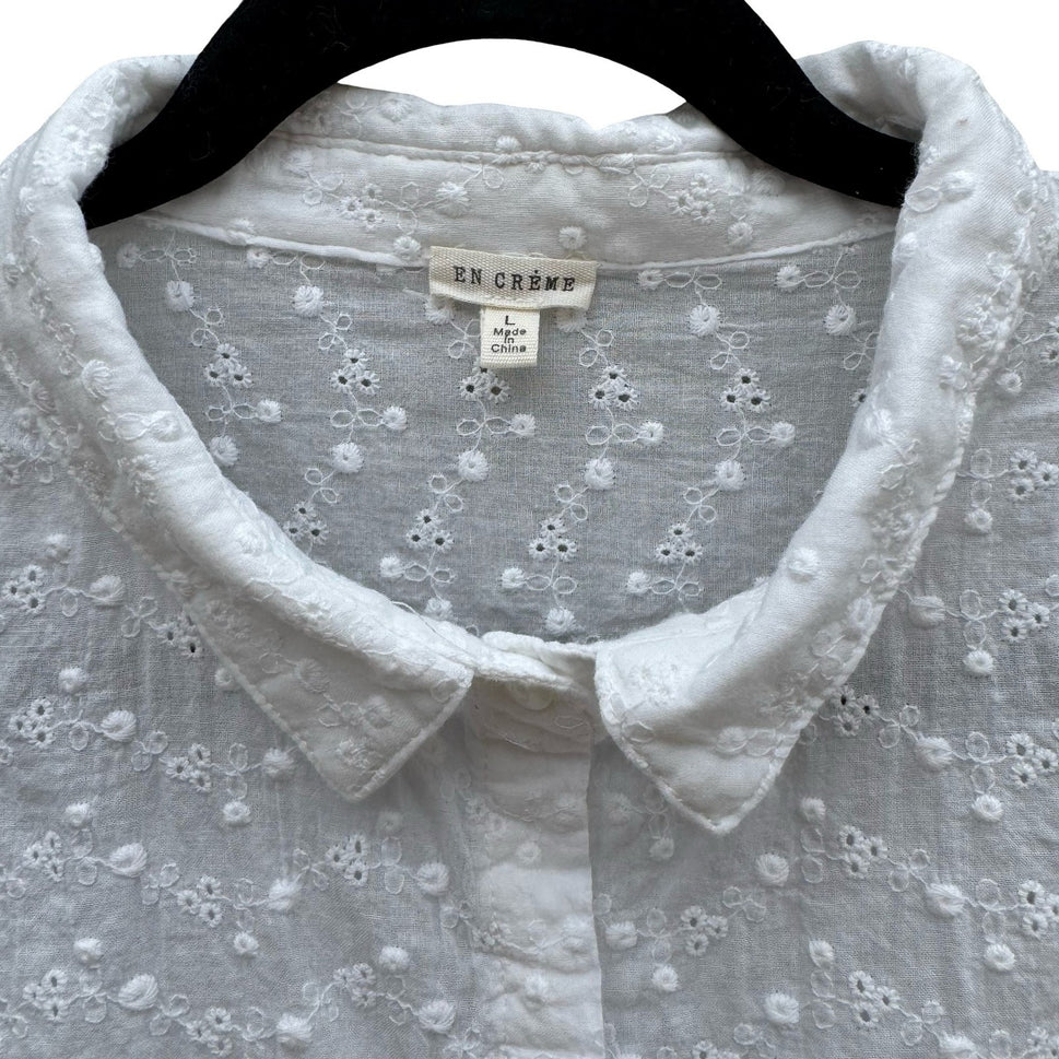 En Creme White Eyelet Button Down Shirt Floral Embroidery Cottage Blouse L Boho