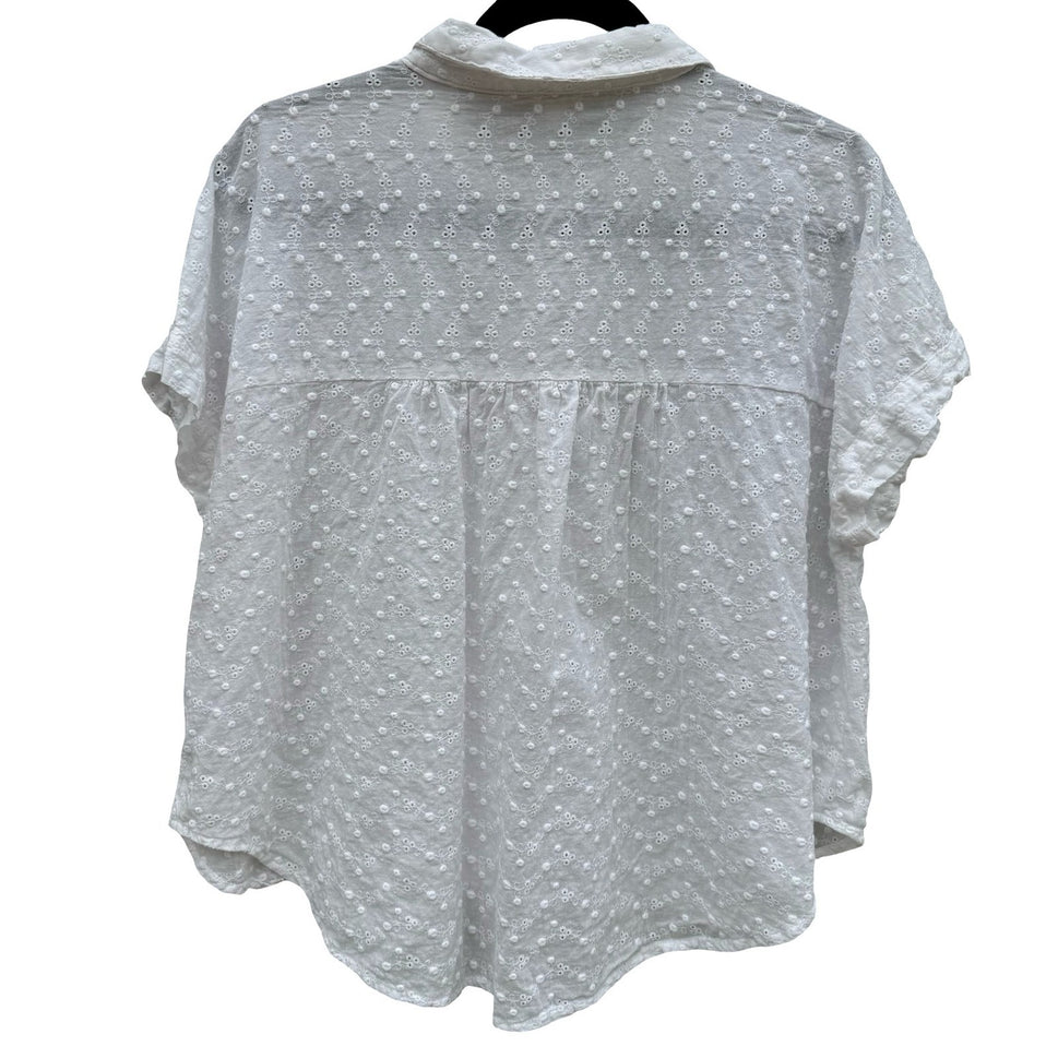 En Creme White Eyelet Button Down Shirt Floral Embroidery Cottage Blouse L Boho