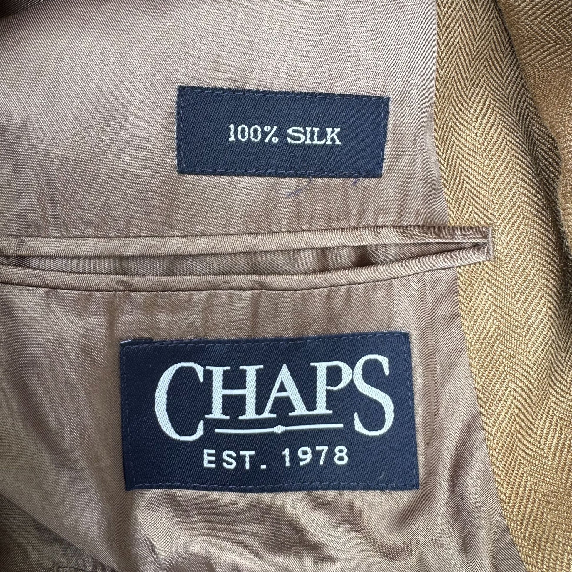 Chaps Ralph Lauren Vintage Mens Tan Herringbone Blazer Silk Classic 2 Button 42R