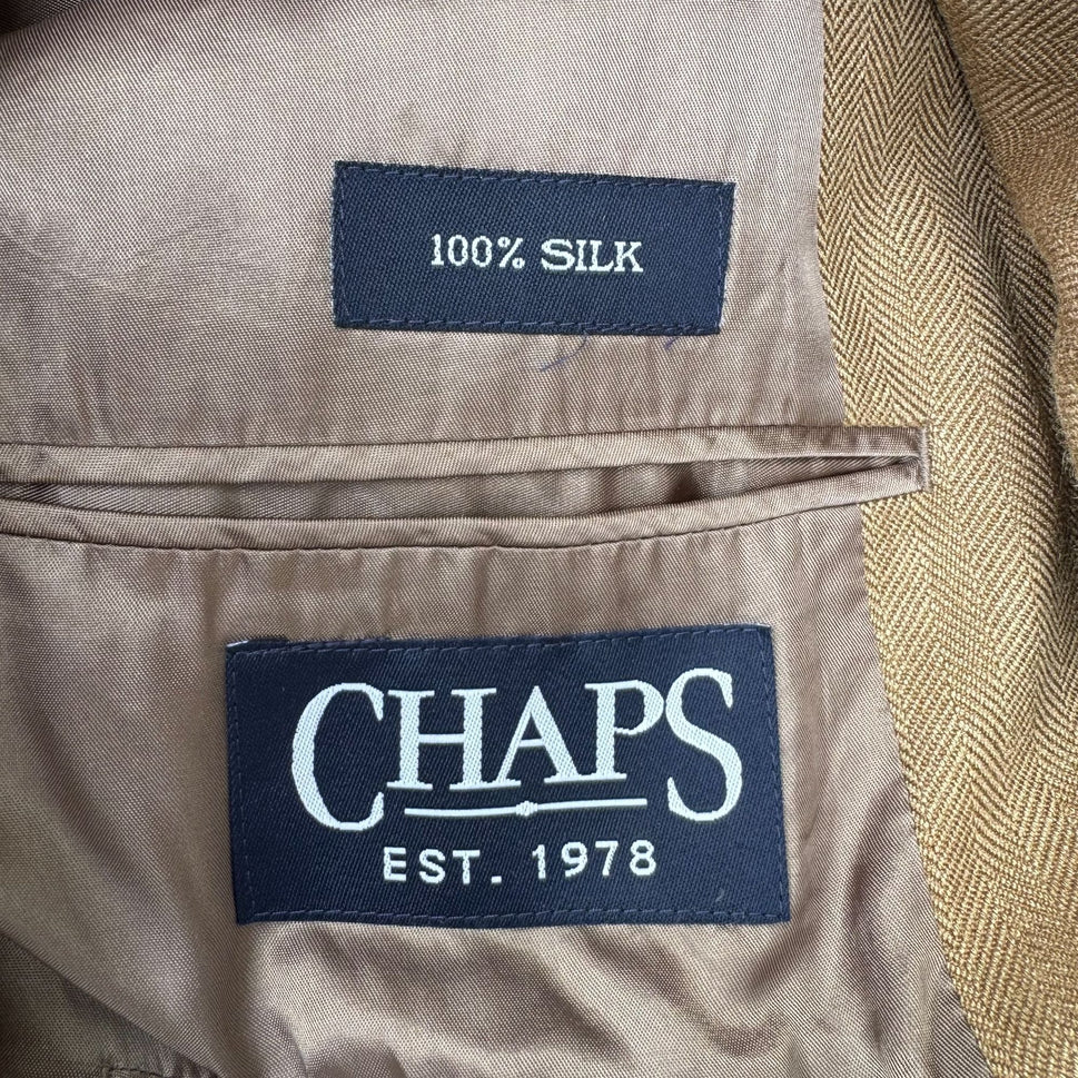 Chaps Ralph Lauren Vintage Mens Tan Herringbone Blazer Silk Classic 2 Button 42R