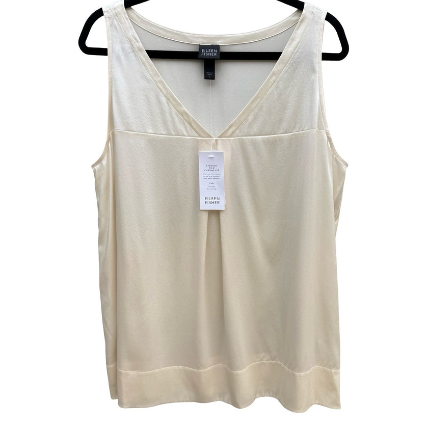 Eileen Fisher Silk Charmeuse Stretch Minimalist Luxury Basic Tunic Ivory L NEW