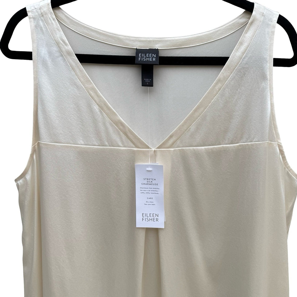 Eileen Fisher Silk Charmeuse Stretch Minimalist Luxury Basic Tunic Ivory L NEW