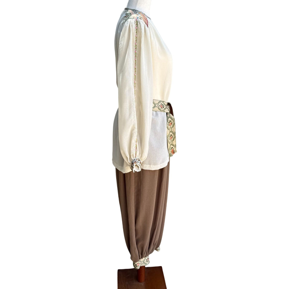 The French Clique Vintage 70s Silk Embroidered Blouse Belt Harem Palazzo Pants 4