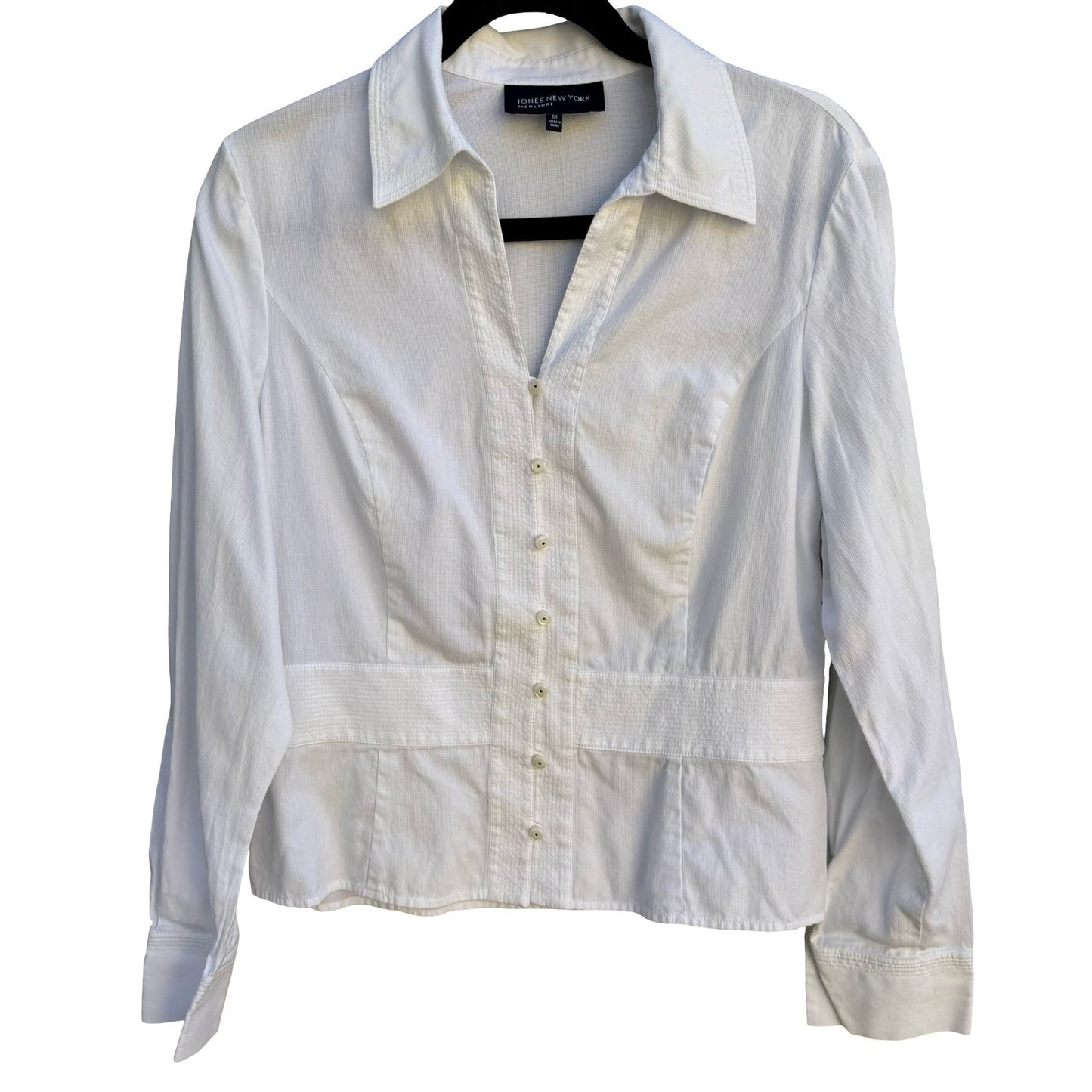 Jones New York Signature White Cotton Textured Button Down Shirt Sz M Minimalist